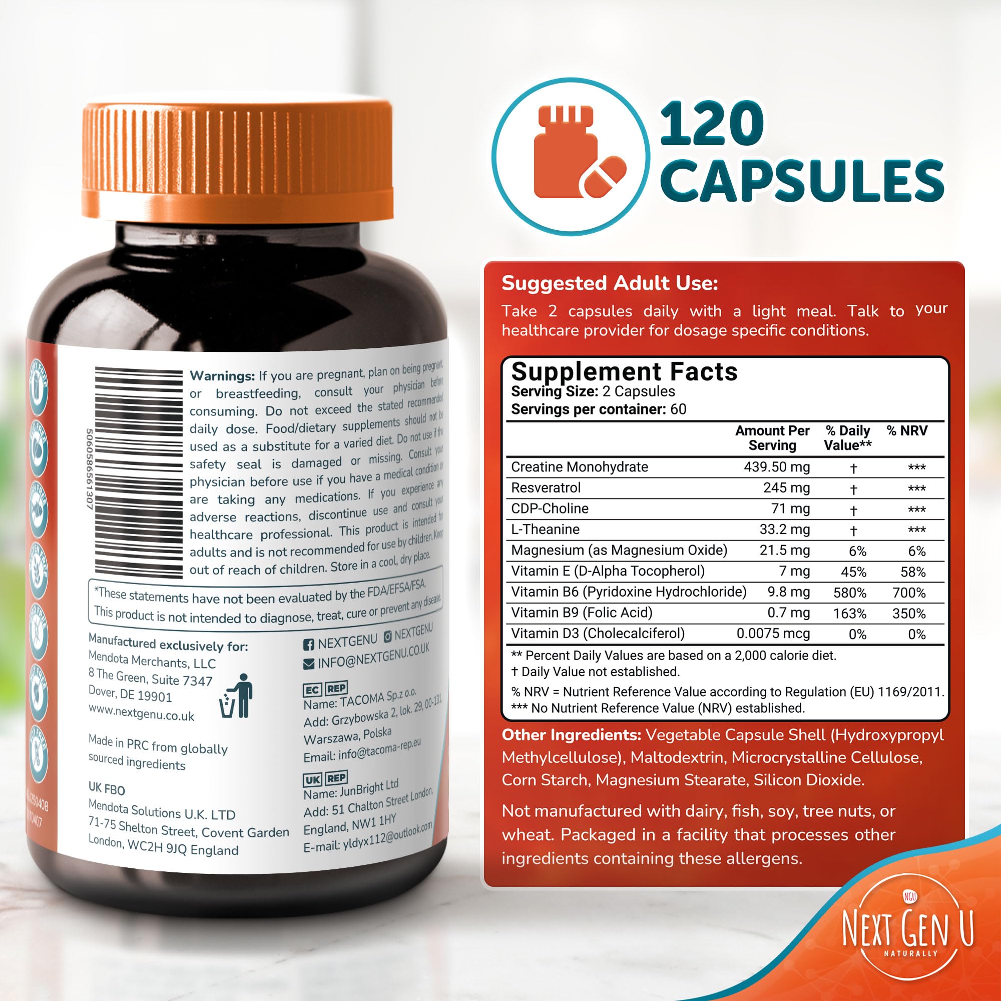 Brain Supplement - 120 Vegan Capsules - Dietary Nootropic May Help Memory, Cognitive Function & Focus - Formulation with Amino Acids, Polyphenols & B Vitamins - for Women, Men & Seniors - by NextGenU NGU Next Gen U buy supplements canada