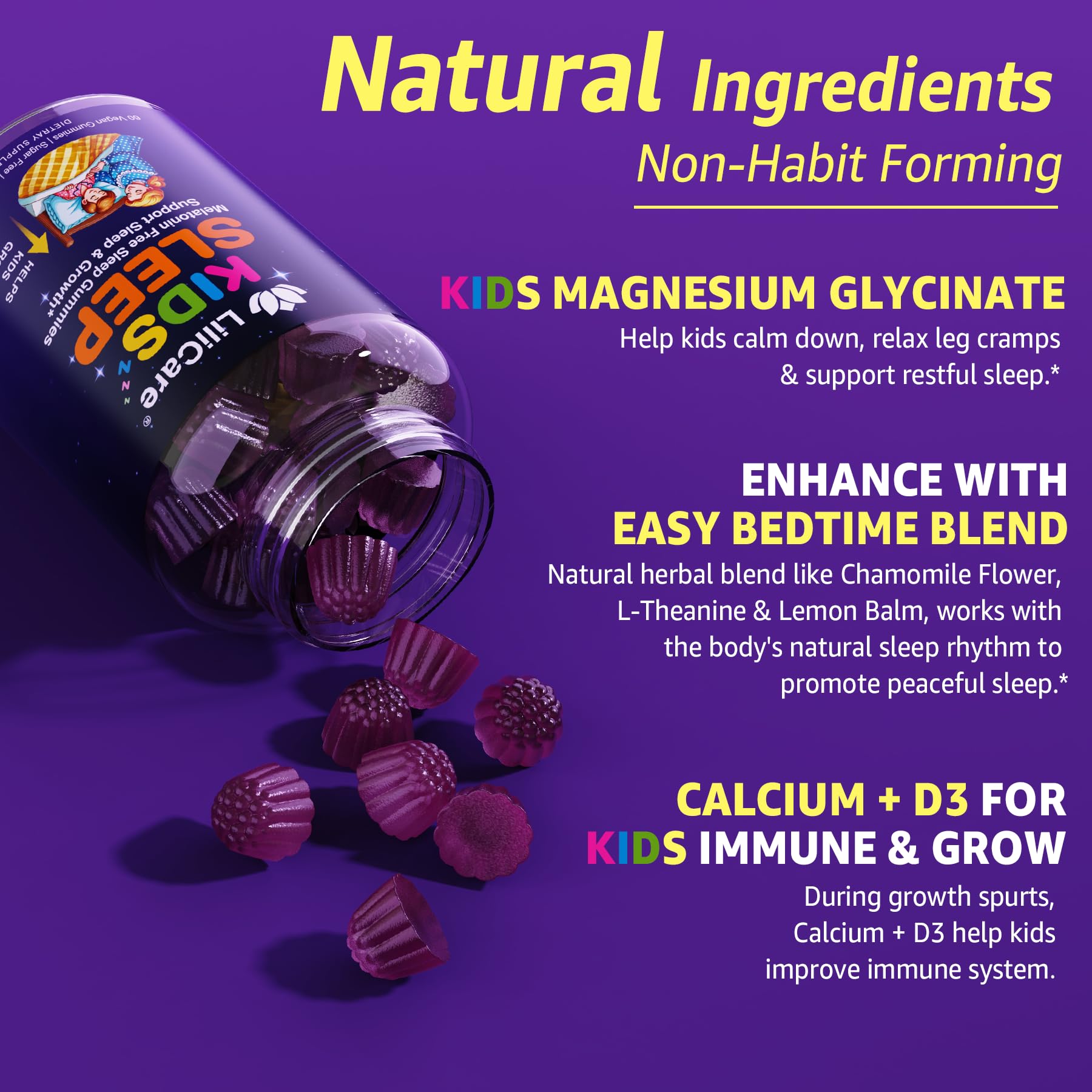 LILICARE Kids Sleep Gummies - Magnesium Glycinate Gummies, Melatonin Free Sleep Aid | Magnesium, Calcium, D3, B6, L Theanine | Kid Melatonin Alternative for Restful Sleep (Pack of 2) LILICARE buy supplements canada