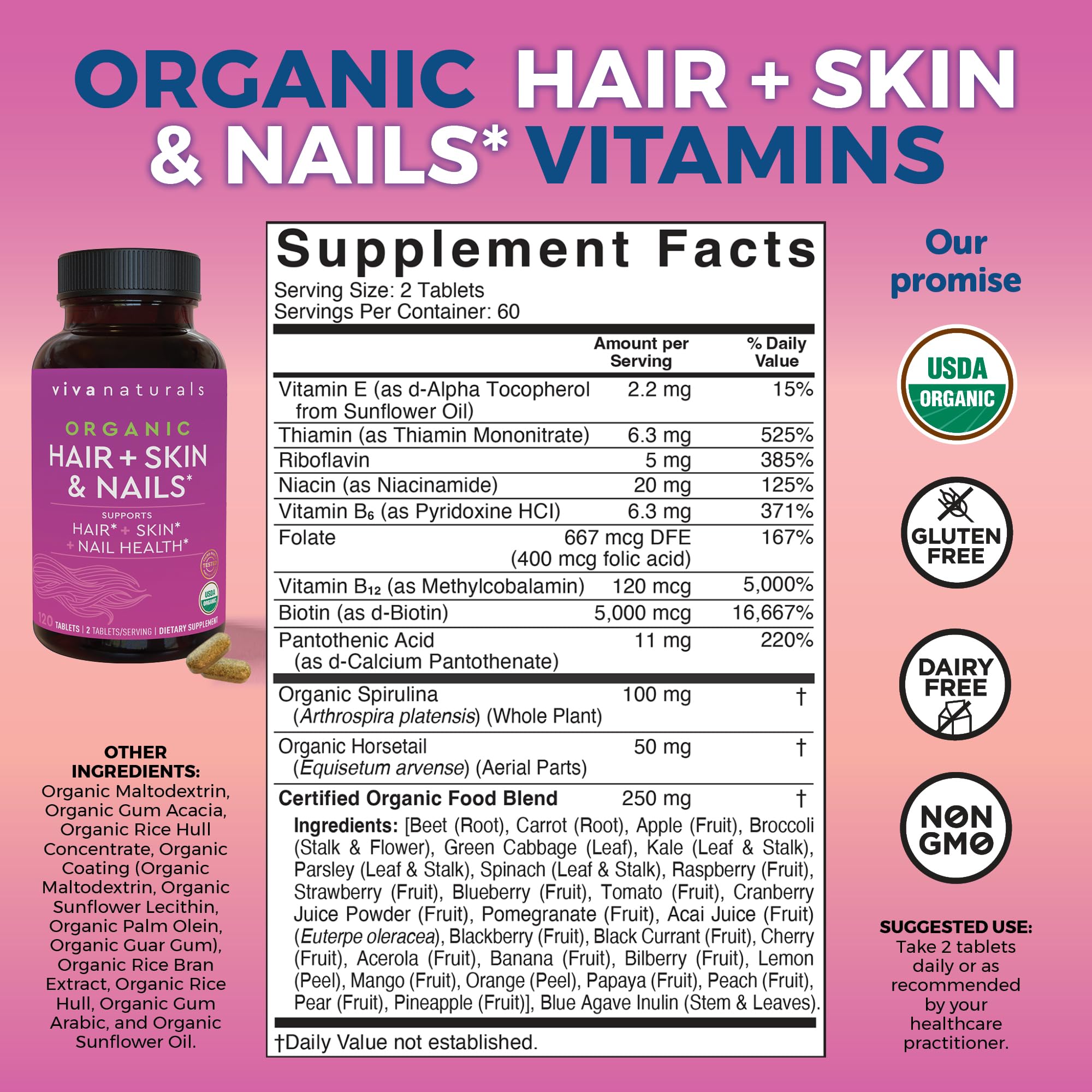 Biotin 5000 mcg Hair Skin Nails Vitamins for Women – Organic and Vegetarian-Friendly Supplement with Vitamin E, B-Vitamins, Spirulina Viva Naturals buy supplements canada