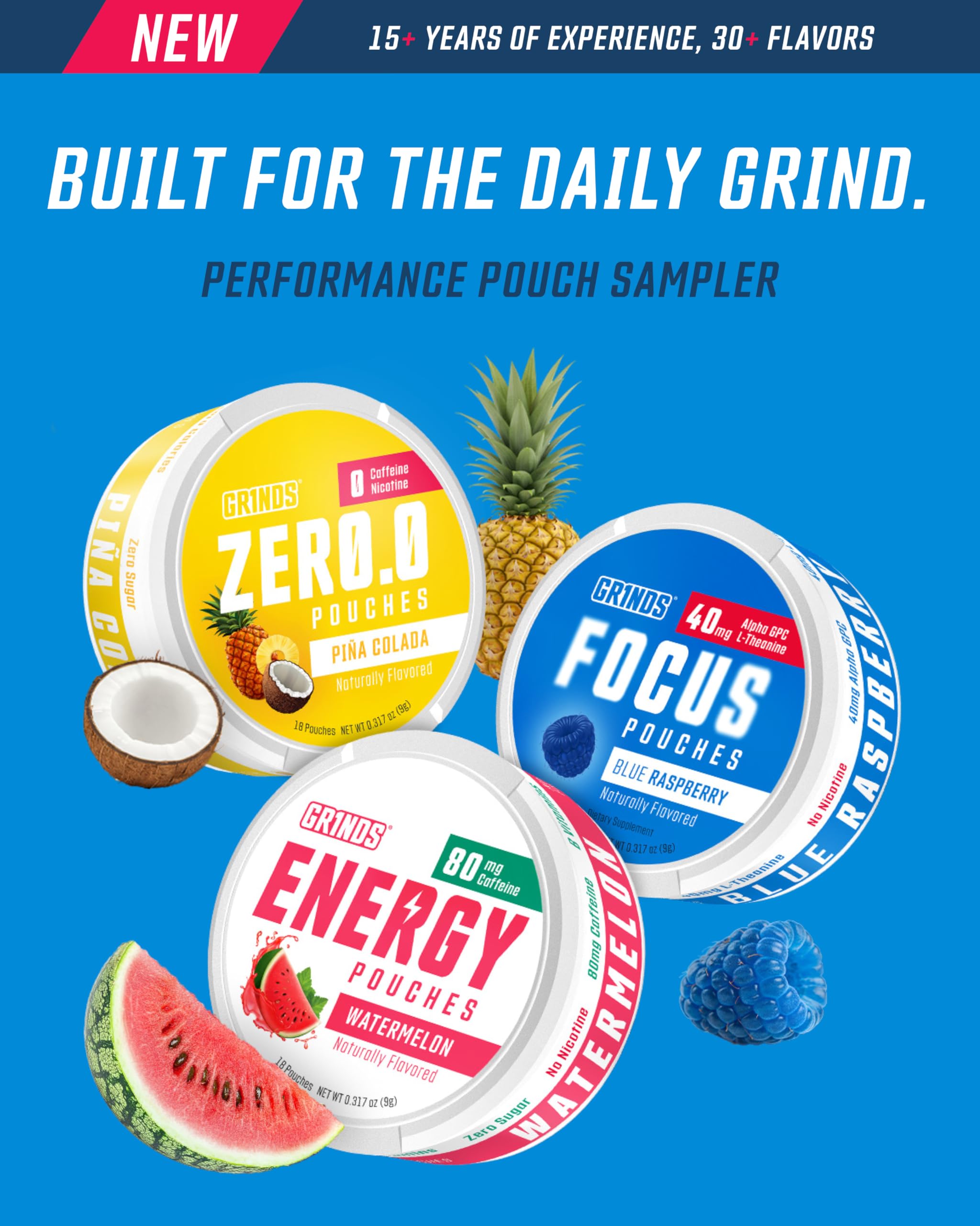GRINDS Pouches Performance Sampler Pack - Includes Watermelon Energy, Caffeine-Free Piña Colada and Blue Raspberry Nootropic Pouches - Sugar-Free - Zero Calories GRINDS buy supplements canada