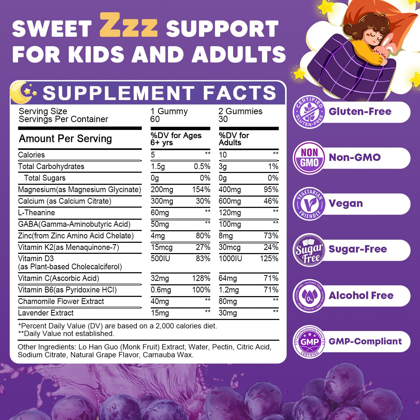Sugar Free Magnesium Glycinate Gummies for Kids & Adults - Zzz Support, Relaxation & Cognition Support, 200/400mg Magnesium Gummies with L-Theanine, GABA, Calcium, B6, D3, C & K2, Grape Flavor, 60 Ct JIANKYTZ buy supplements canada