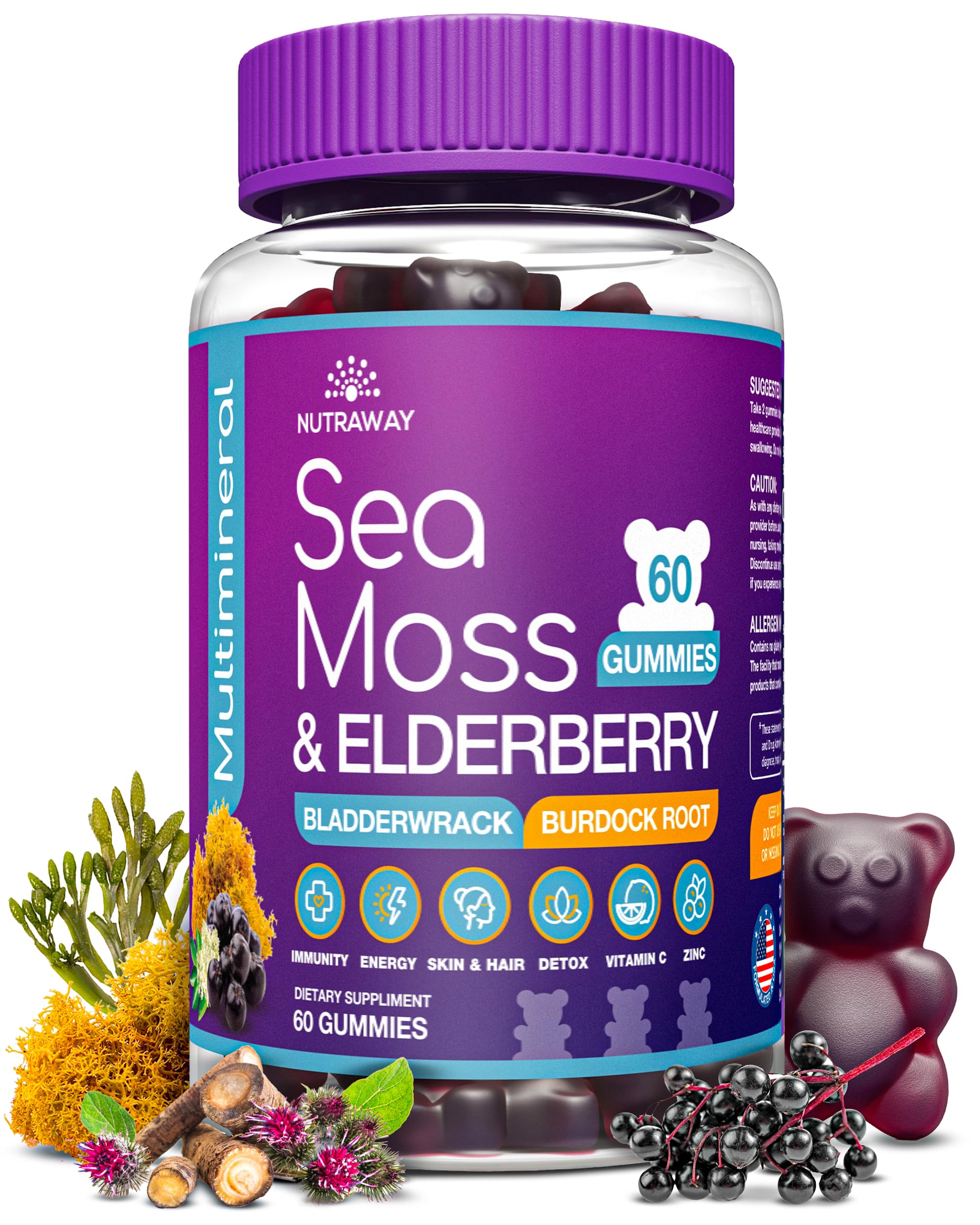 NUTRAWAY LABS Sea Moss Gummies with Elderberry, Vitamin C & Zinc - 102 Minerals from Irish Sea Moss, Bladderwrack & Burdock Root for Immune Support - Vegan Seamoss Supplement (Pack of 1) NUTRAWAY LABS buy supplements canada