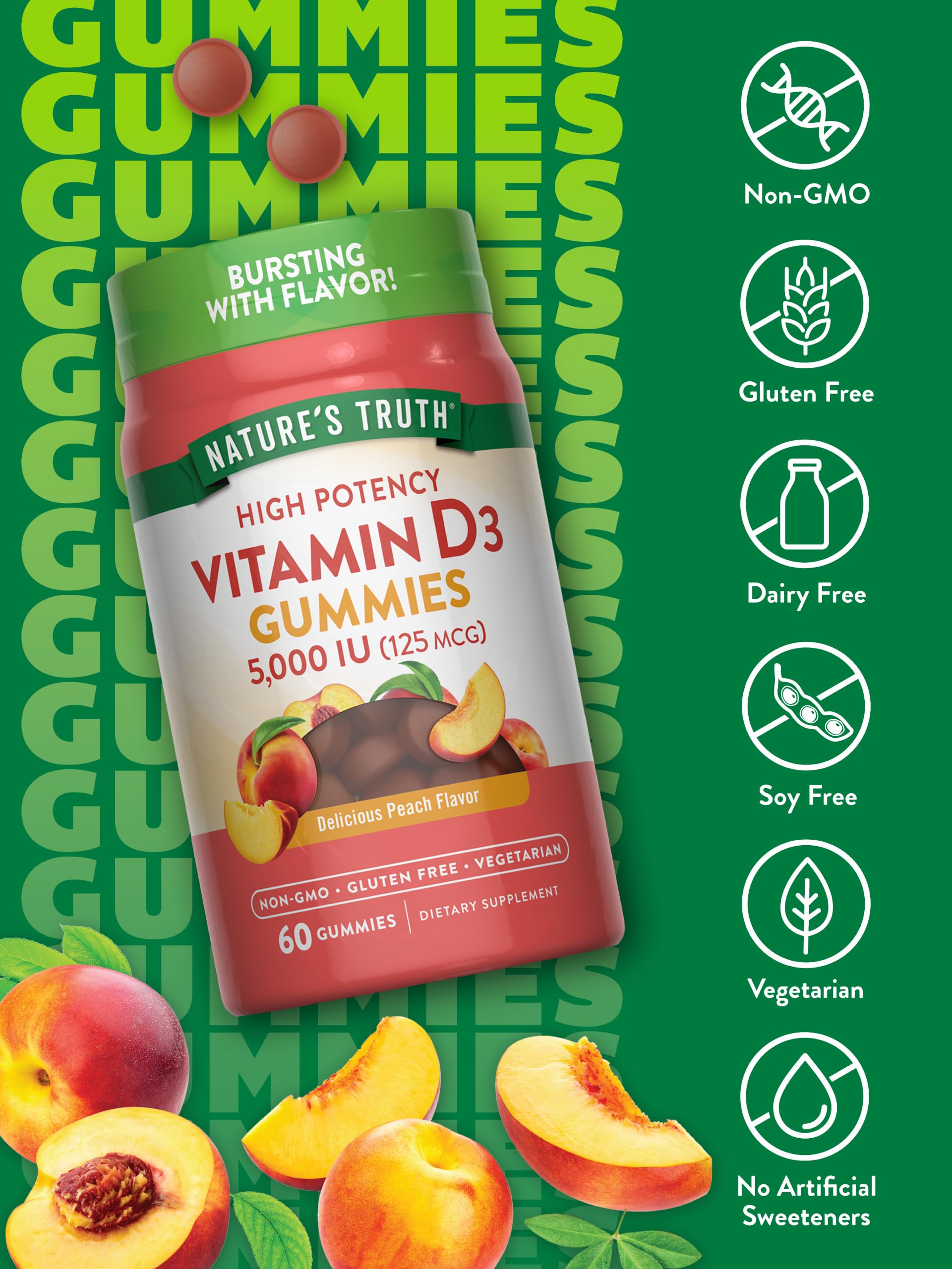 Nature's Truth Vitamin D3 Gummies | 5000 IU | 60 Count | Peach Flavor | Vegetarian, Non-GMO & Gluten Free Supplement Nature's Truth buy supplements canada