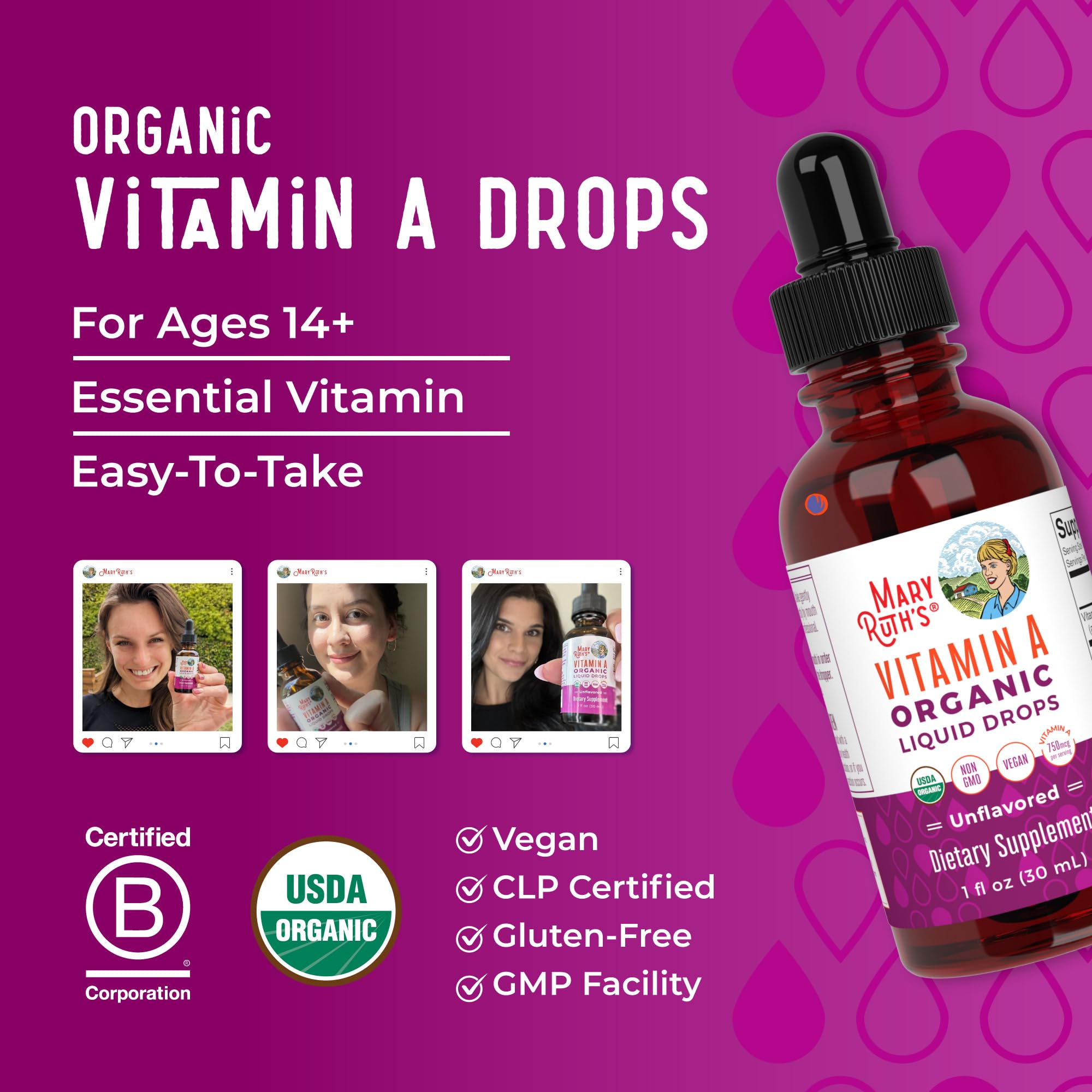 MaryRuth Organics USDA Organic Vitamin A Liquid Drops | 3 Month Supply | Bone Health for Ages 14+ | Essential Vitamin | 750mcg per Serving | Sugar Free | Vegan | Non-GMO | Gluten Free | 1oz MARYRUTH'S buy supplements canada