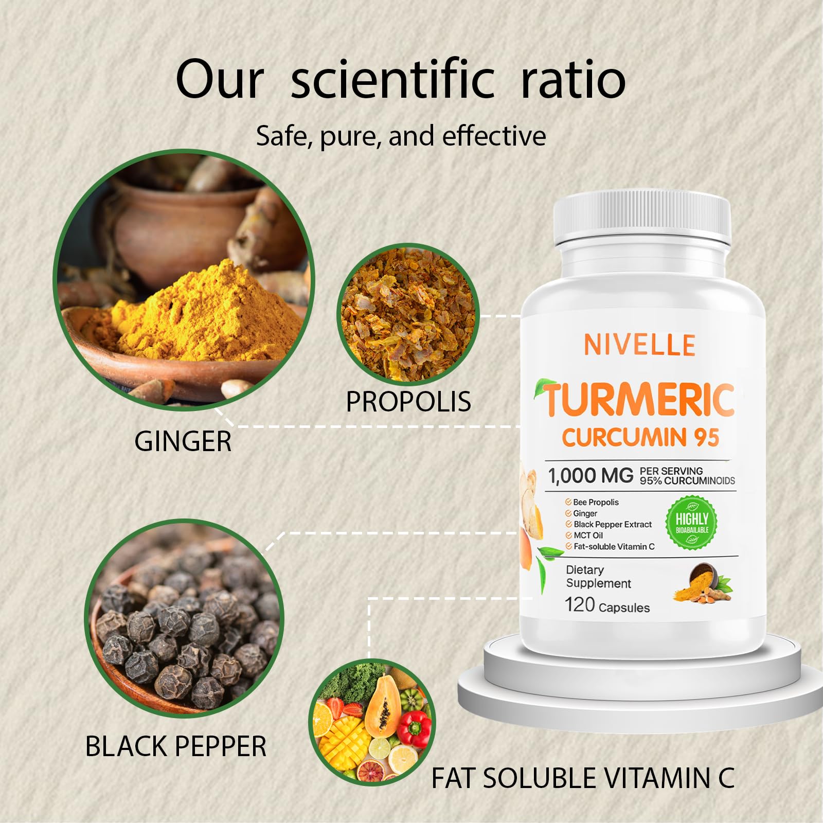NIVELLE Turmeric Curcumin | Pure Turmeric Curcumin Supplement 1000mg | 95% Curcuminoids with Bee Propolis, Ginger, MCT Oil, Fat Soluble Vitamin C, & Black Pepper | 120 Capsules (1) NIVELLE buy supplements canada