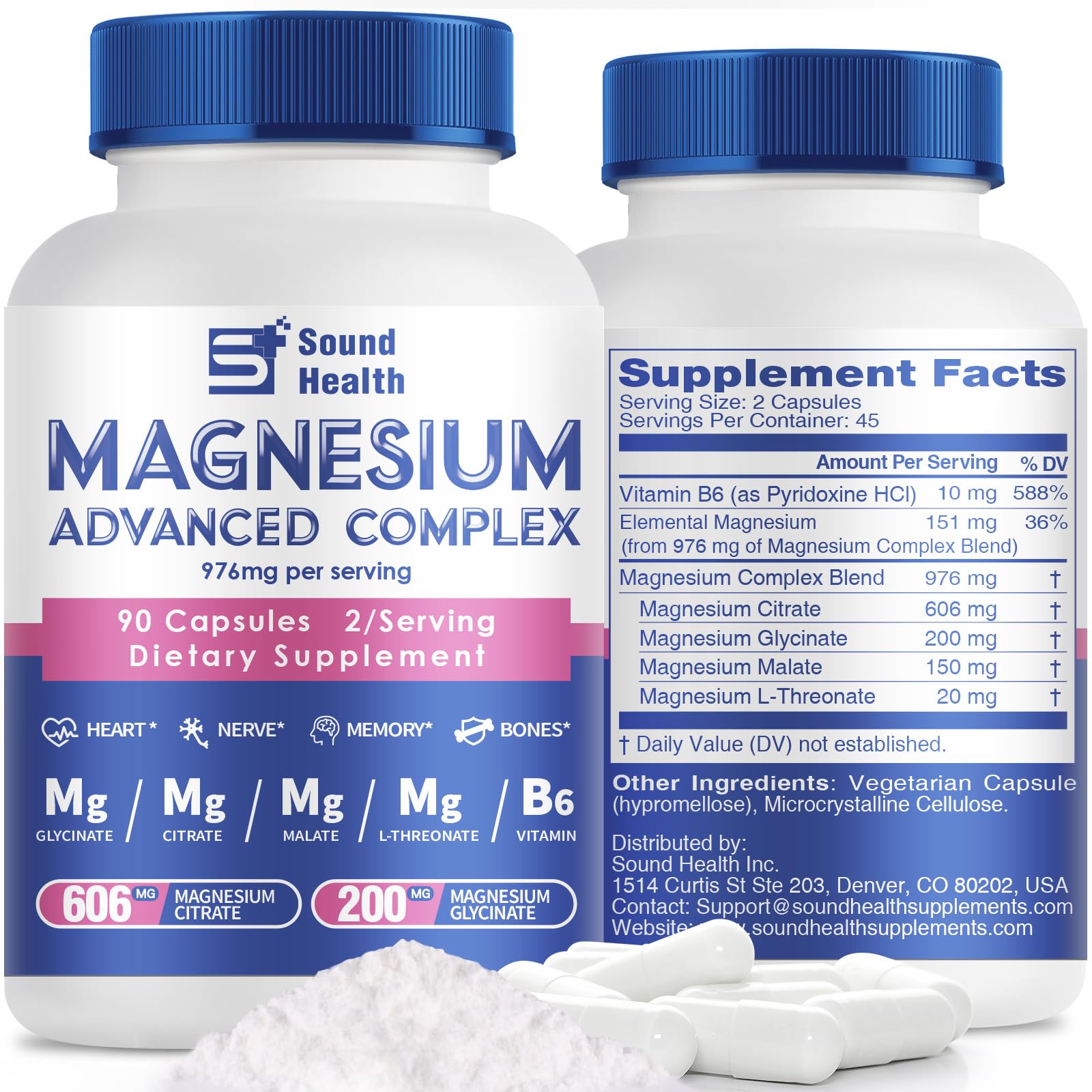 5 in 1 Magnesium Complex Capsule 976mg wtih Magnesium Glycinate, Citrate, Malate, L-Threonate & Vitamin B6, High Absorption Magnesium Complex for Women & Men, Third-Party Tested, Vegan, Non-GMO Sound Health Plus buy supplements canada
