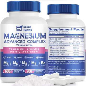 5 in 1 Magnesium Complex Capsule 976mg wtih Magnesium Glycinate, Citrate, Malate, L-Threonate & Vitamin B6, High Absorption Magnesium Complex for Women & Men, Third-Party Tested, Vegan, Non-GMO Sound Health Plus buy supplements canada