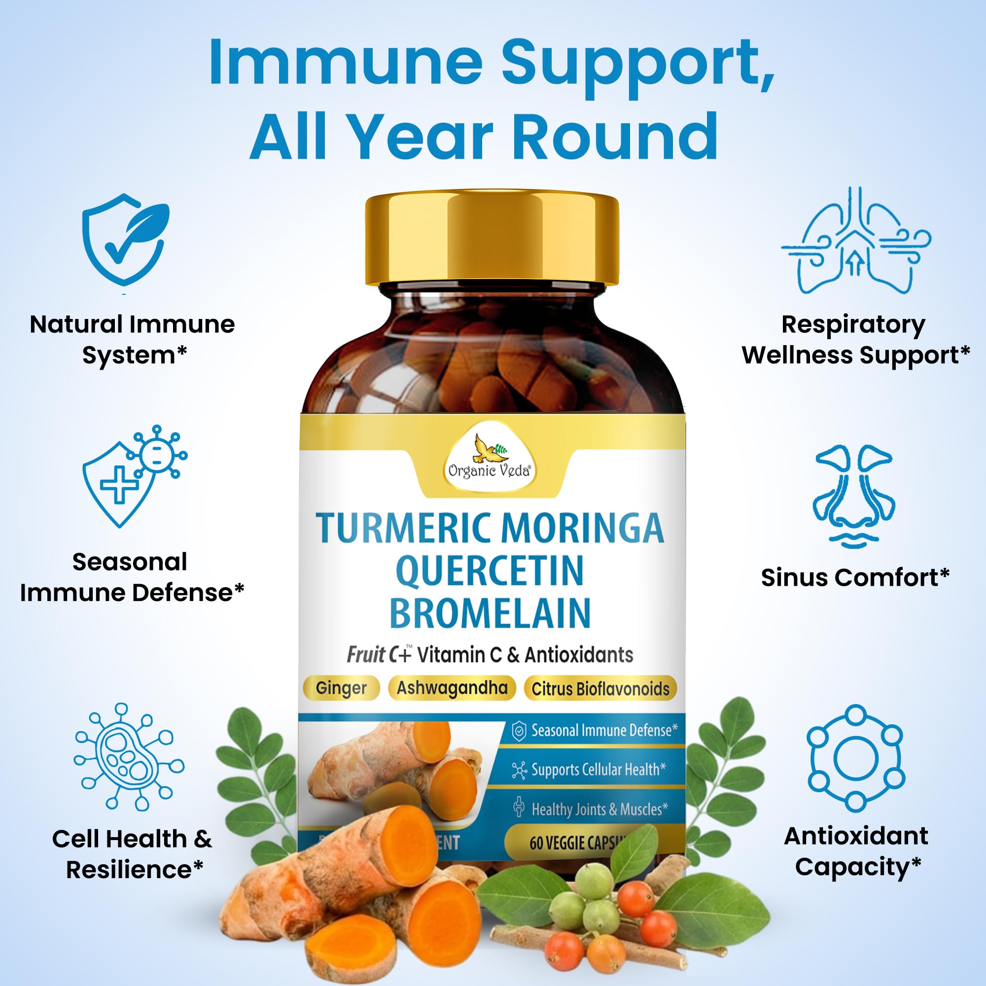 Organic Veda Turmeric Moringa Quercetin with Bromelain Capsules - Fruit C+ Vitamin C Antioxidants Immune System & Respiratory Supplement - Ashwagandha, Ginger, Citrus Bioflavonoids, 60 Vegan Capsule Organic Veda buy supplements canada
