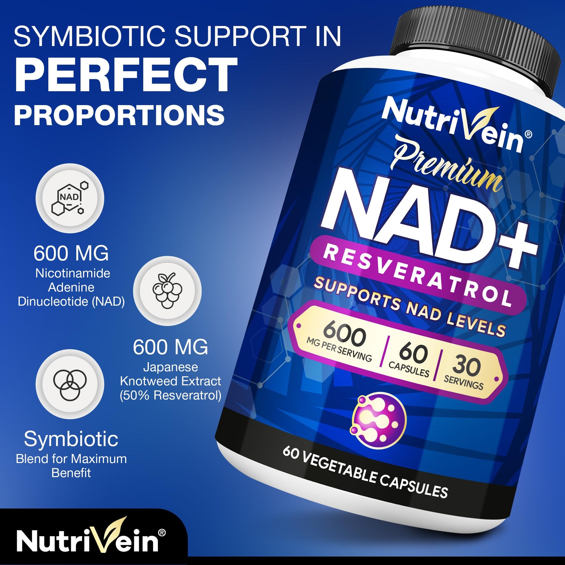 Nutrivein Premium NAD + Resveratrol Supplement 600 mg - 30 Servings (60 Capsules): Powerful Synergistic NAD Resveratrol Supplement - Aging, Cognition, Metabolism, & Overall Well-Being Nutrivein buy supplements canada