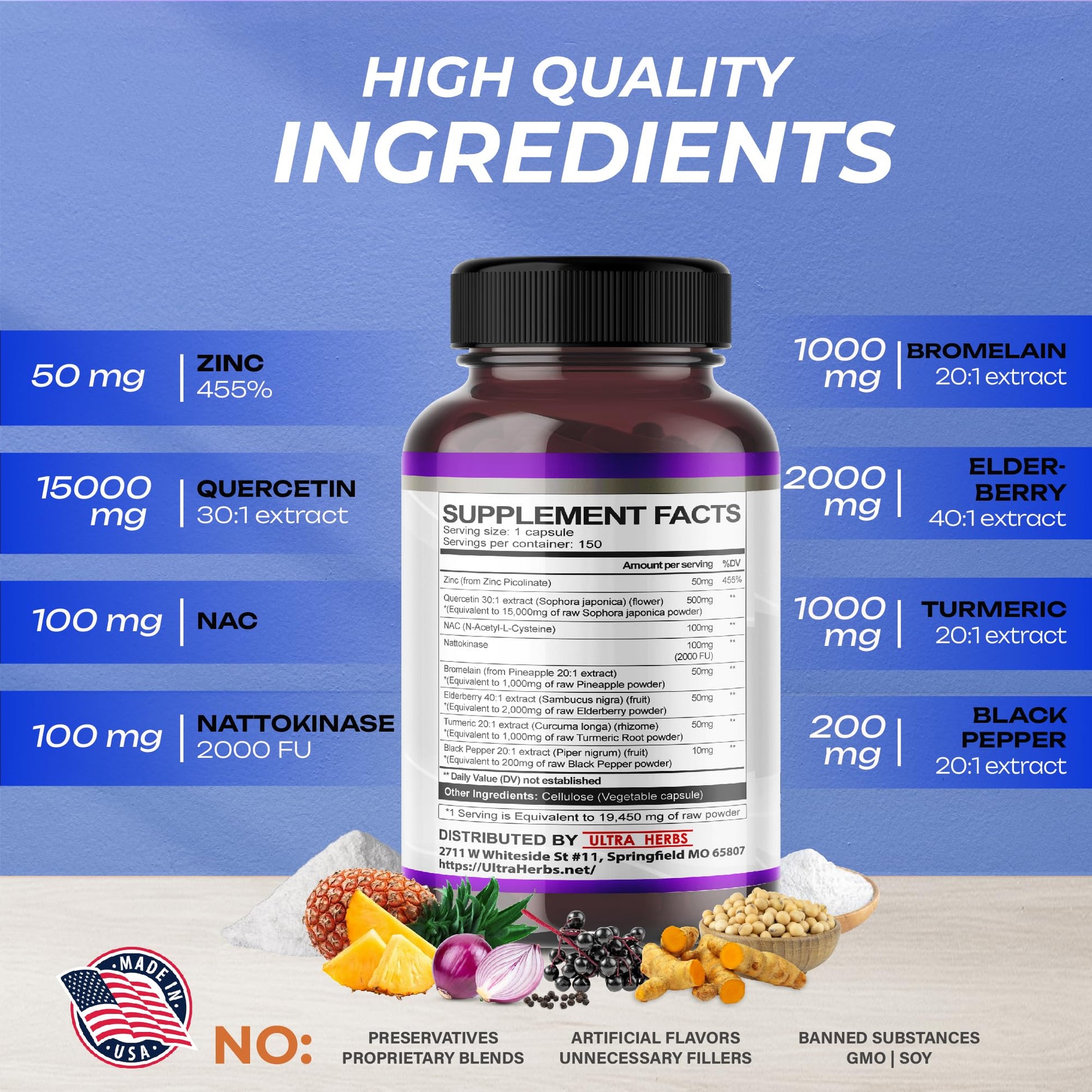 Quercetin 19,450mg 8 IN 1 with NAC, Nattokinase, Zinc, Bromelain, Elderberry, Turmeric ULTRA HERBS buy supplements canada