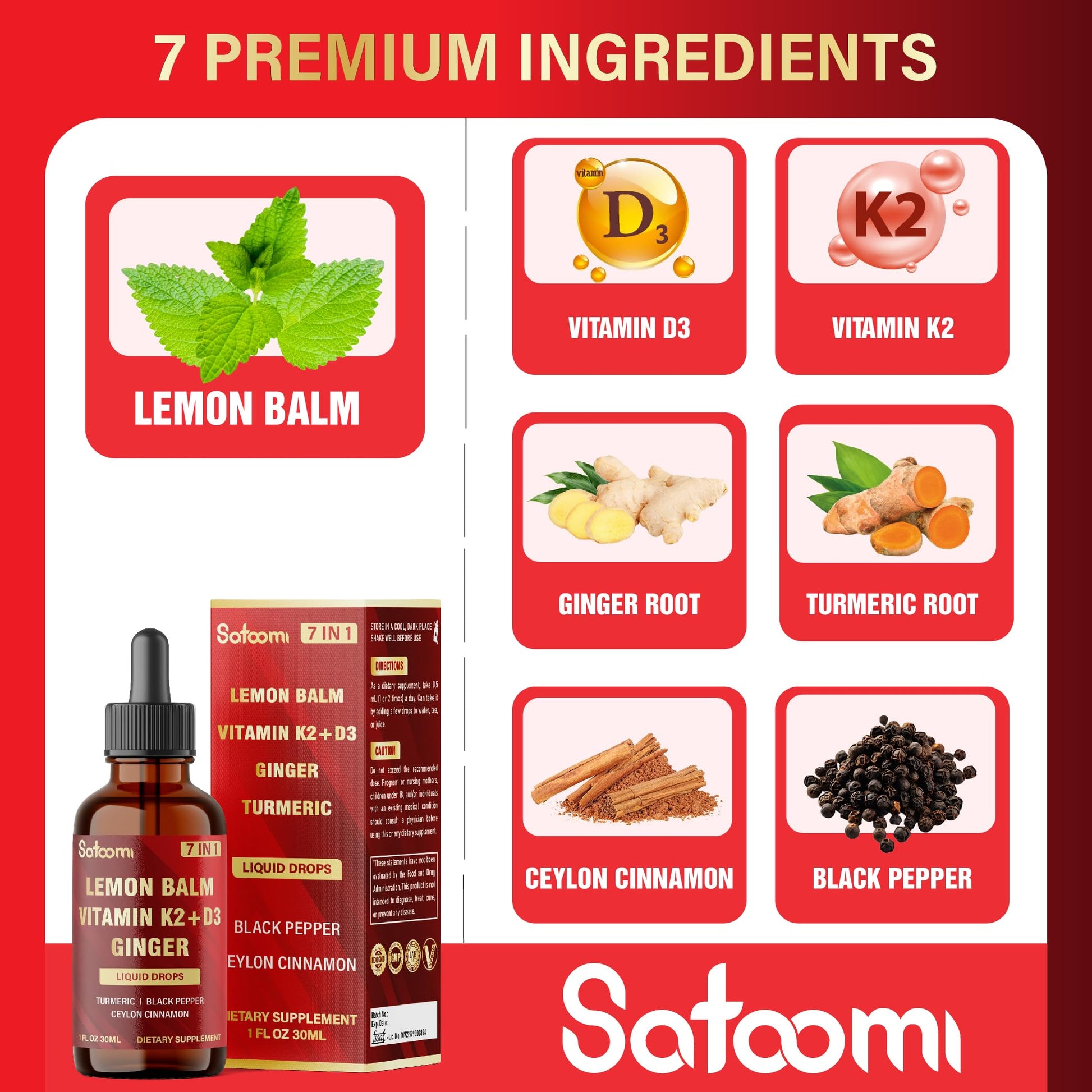 Satoomi 7in1 Lemon Balm Tincture with Vitamin D3, Vitamin K2, Ginger Root, Turmeric, Ceylon Cinnamon and Black Pepper - 1 FL Oz - 60 Day Supply Satoomi buy supplements canada