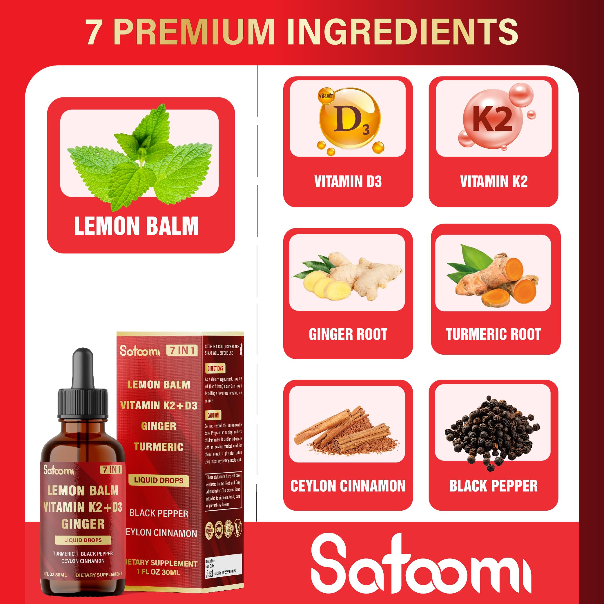 Satoomi 7in1 Lemon Balm Tincture with Vitamin D3, Vitamin K2, Ginger Root, Turmeric, Ceylon Cinnamon and Black Pepper - 1 FL Oz - 60 Day Supply Satoomi buy supplements canada