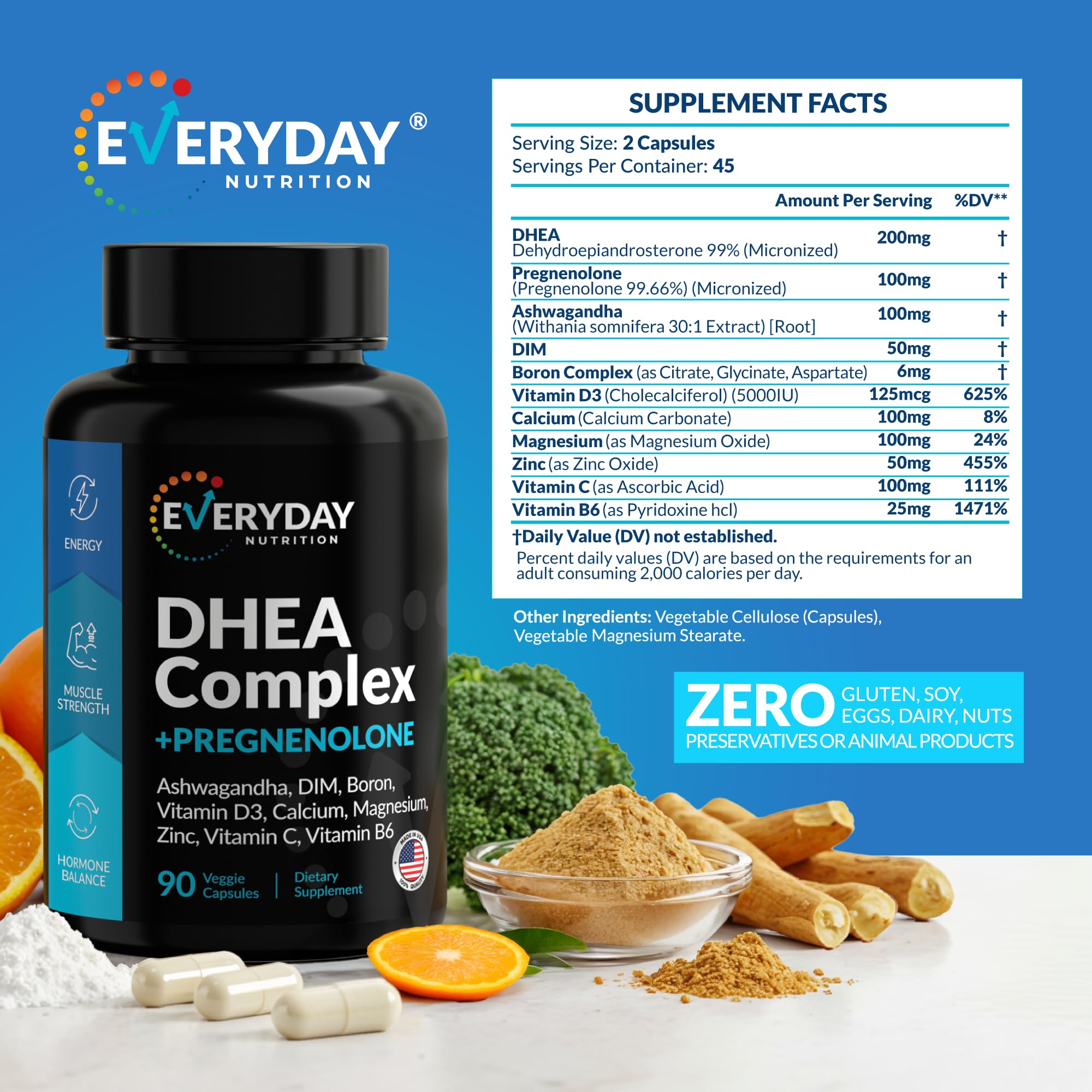DHEA Micronized 200mg Complex with Pregnenolone 100mg Supplement for Men & Women with Ashwagandha, DIM, Magnesium, Boron, Calcium , Zinc, Vitamin D3, C and B6 Hormone Support - Made in USA 90 Capsules EVERYDAY NUTRITION buy supplements canada