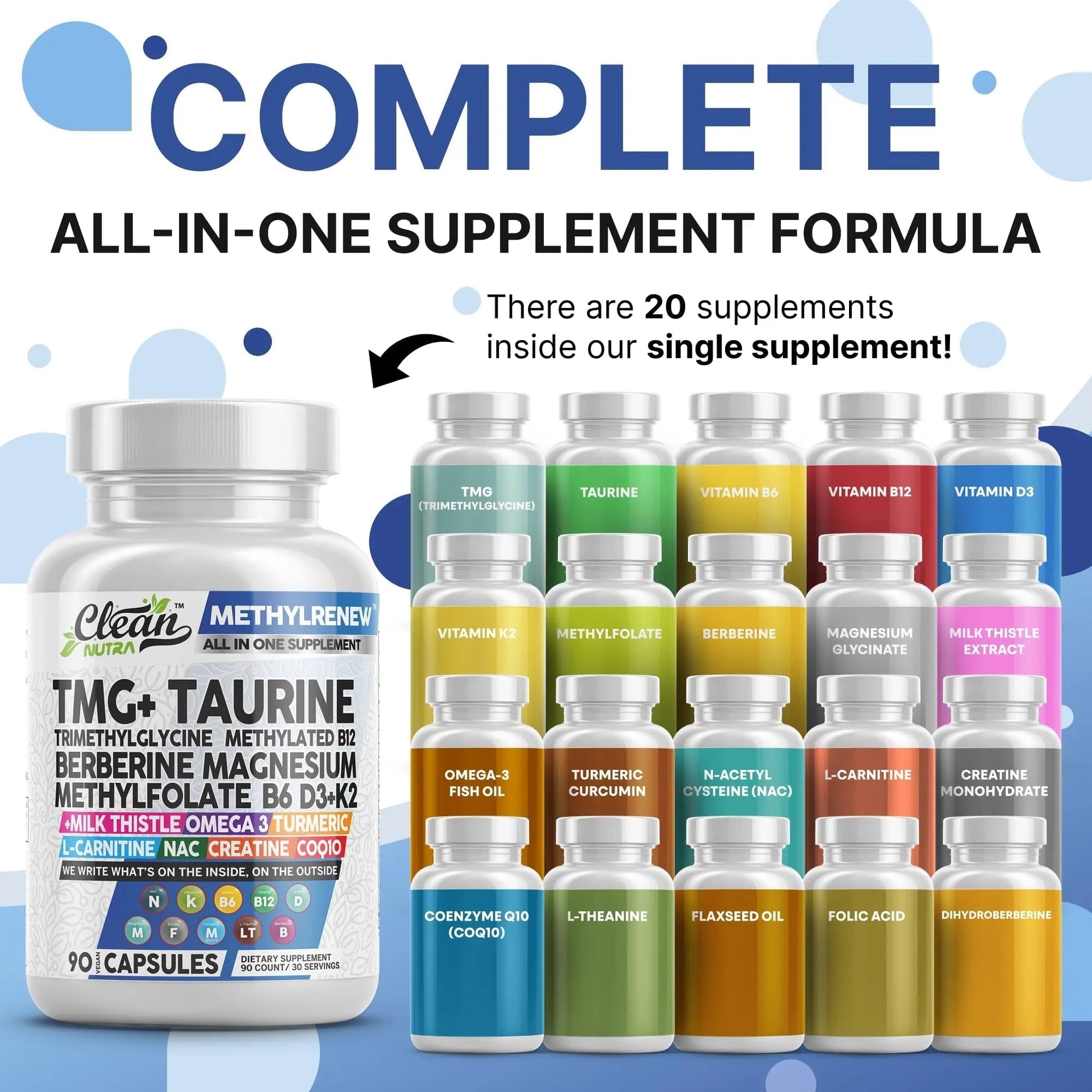 Clean Nutra TMG Supplements 1000mg | Methylated Multivitamin for Women Men | Taurine B6 Vitamins B12 D3 K2 Trimethylglycine Magnesium Clean Nutraceuticals buy supplements canada