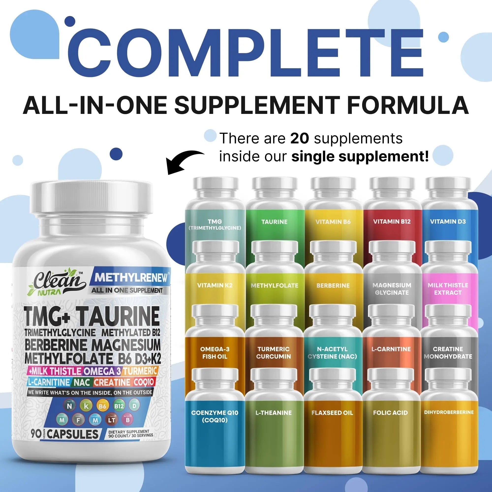 Clean Nutra TMG Supplements 1000mg | Methylated Multivitamin for Women Men | Taurine B6 Vitamins B12 D3 K2 Trimethylglycine Magnesium Clean Nutraceuticals buy supplements canada