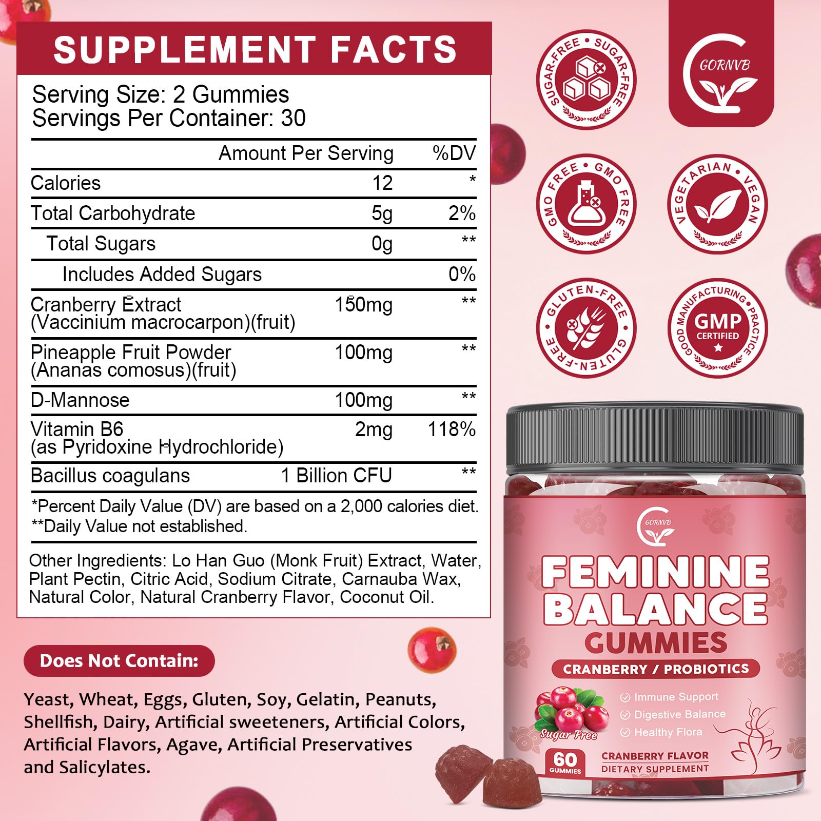 GORNVB Premium Feminine Balance Gummies for Women, Support pH Balance & Vaginal Probiotics Health Gummies with Cranberry Pineapple Powder, D-Mannose, Sugar Free, Gluten Free, Vegan GORNVB buy supplements canada