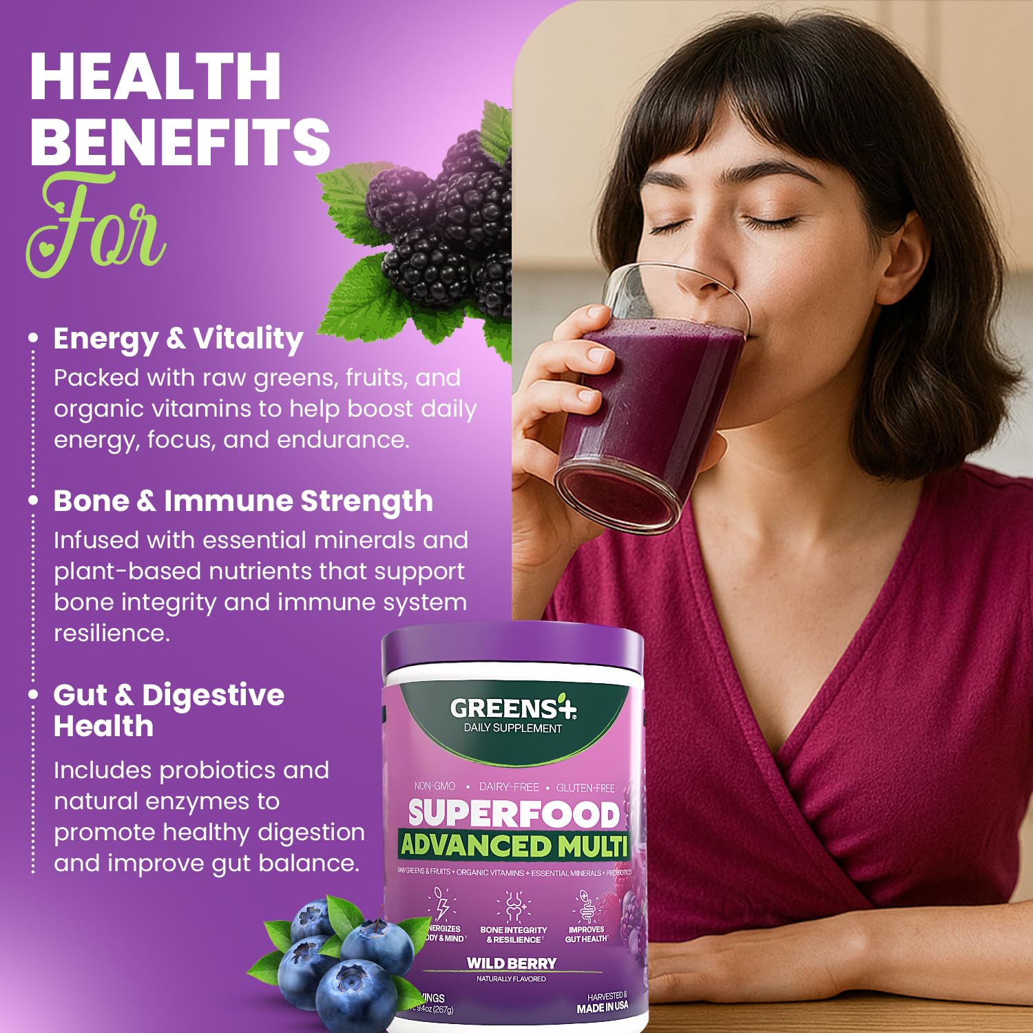 Greens+ Advanced Multi Wild Berry Superfood Powder, Organic Blend, Vegan, Non-GMO, Soy-Free, Dairy-Free, Gluten-Free, Dietary Supplement with Vitamins & Minerals, 9.4 oz Greens+ buy supplements canada