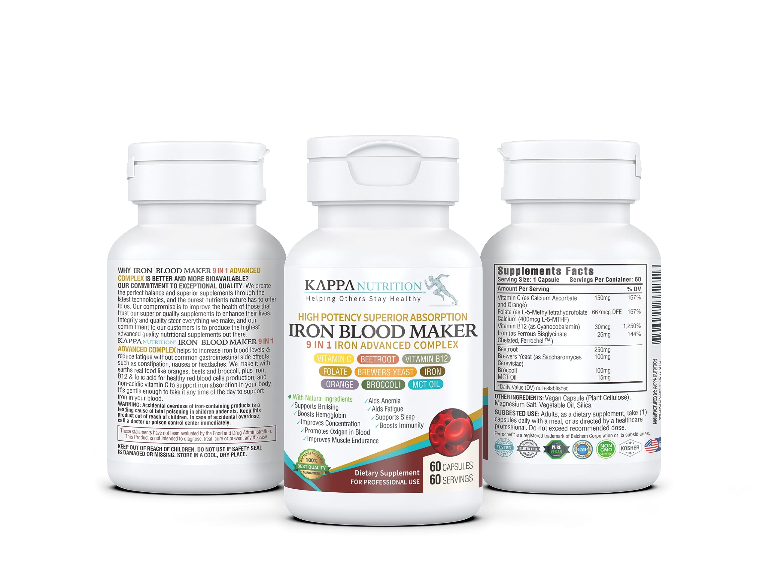 KAPPA NUTRITION Iron 26mg, Vitamin C & Orange 150mg, Folate 667mcg DFE, Vitamin B12, Beetroot, Brewers Yeast, Broccoli & MCT Oil KAPPA NUTRITION buy supplements canada