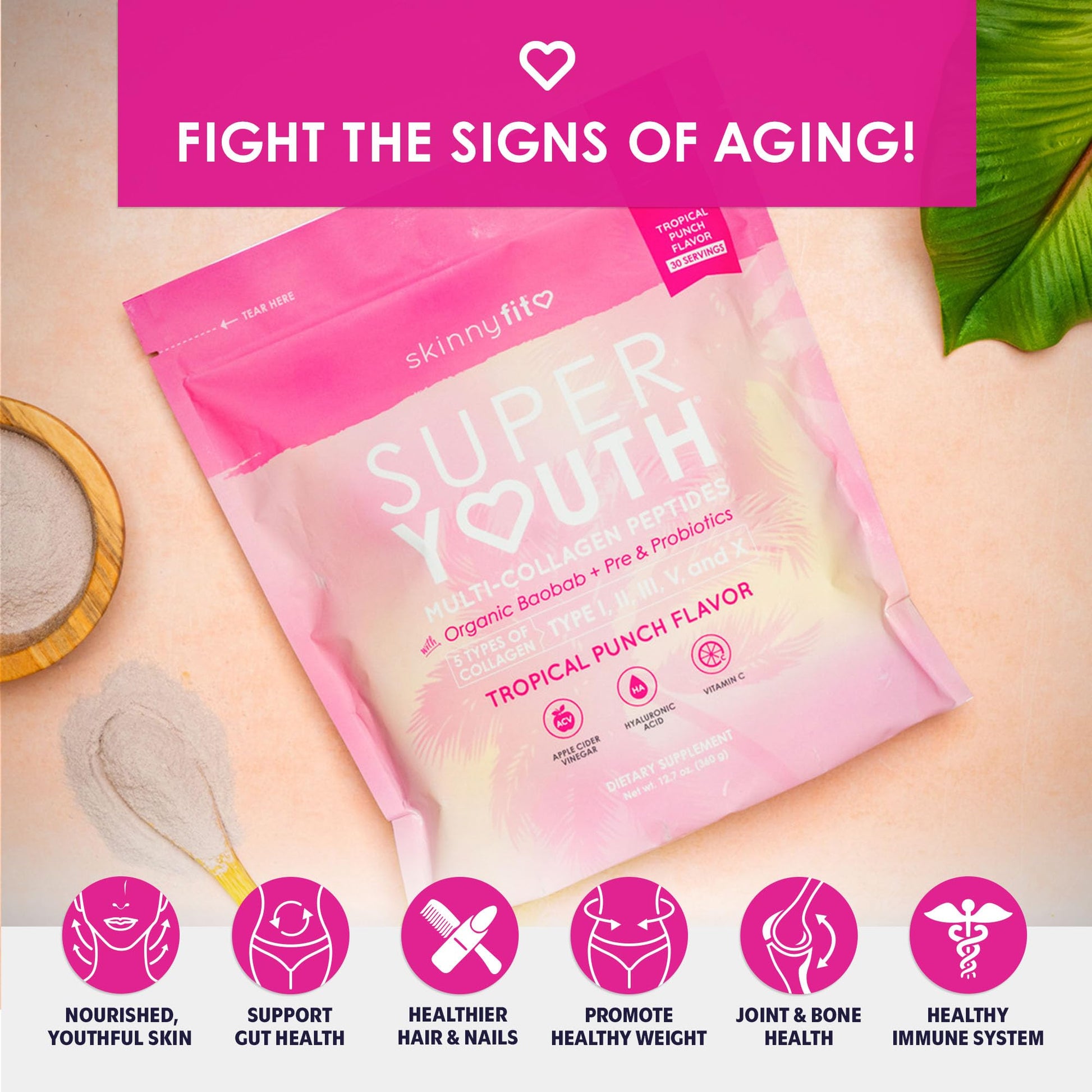 SkinnyFit Super Youth Tropical Punch Multi-Collagen Peptides + Probiotics, Baobab Fiber SkinnyFit buy supplements canada