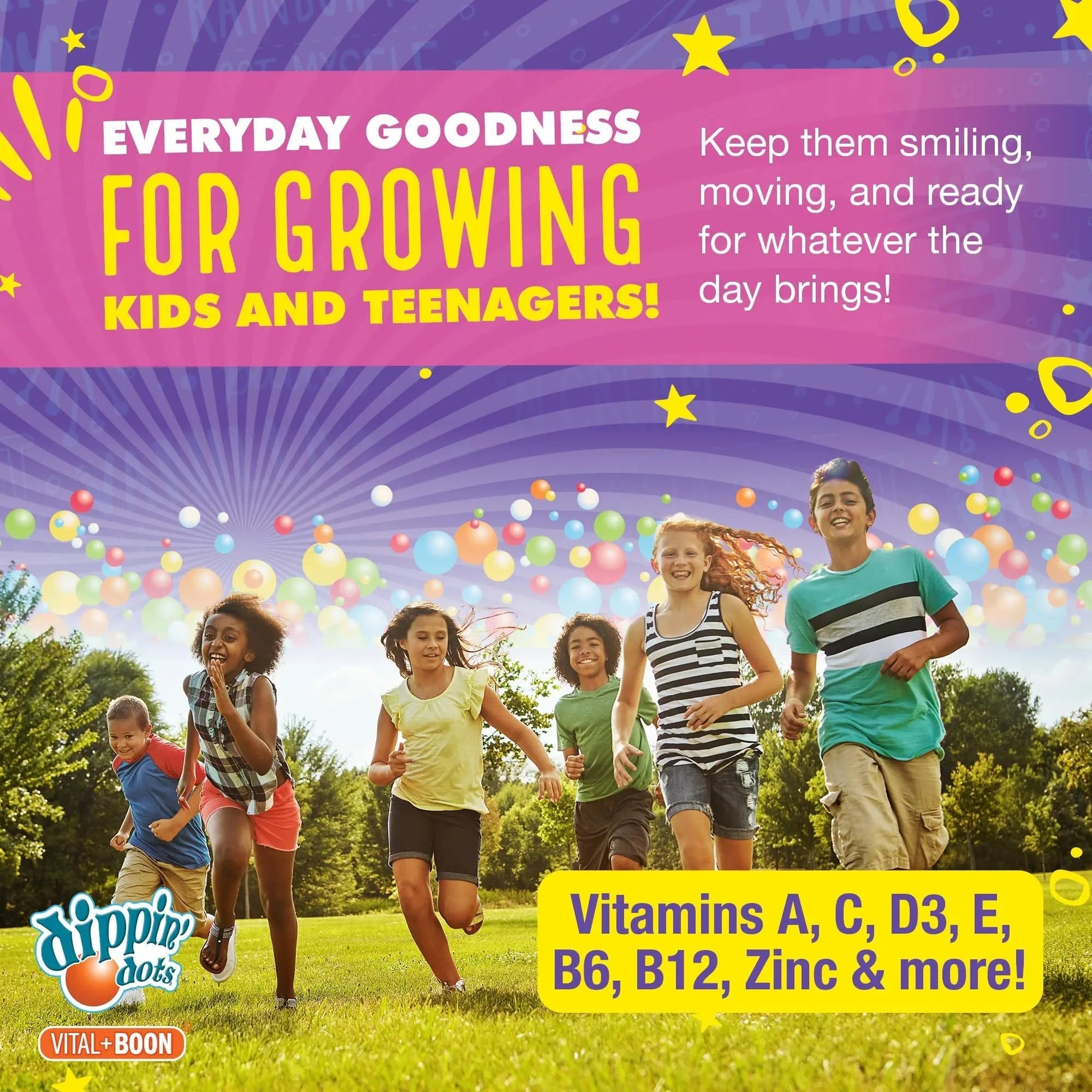 Dippin' Dots - Multivitamin Gummies for Kids Rainbow Fruit Flavor Complete Multivitamin Chewy Gummies Vitamin A, B, C, D3, E, B6, Zinc - 60 Count Vital+Boon buy supplements canada