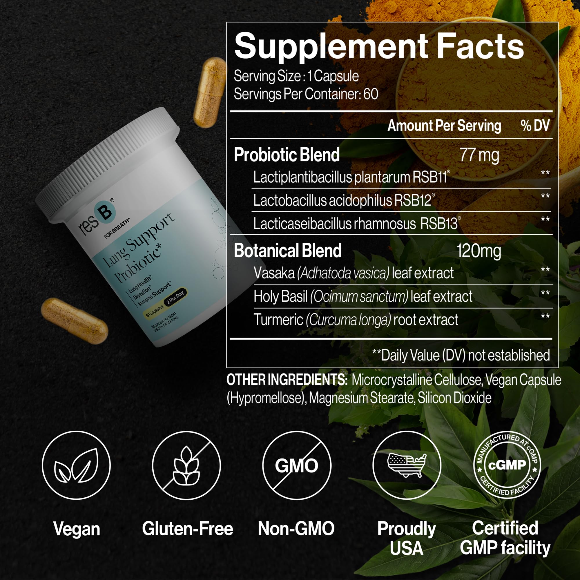 resB Lung Support Probiotic Supplement - Lung Health Supplement for Smokers, Gut Health, Immune & Digestive Support, Respiratory Care, Holy Basil & Turmeric, Clinically Trialed - 60 Capsules ResBiotic buy supplements canada