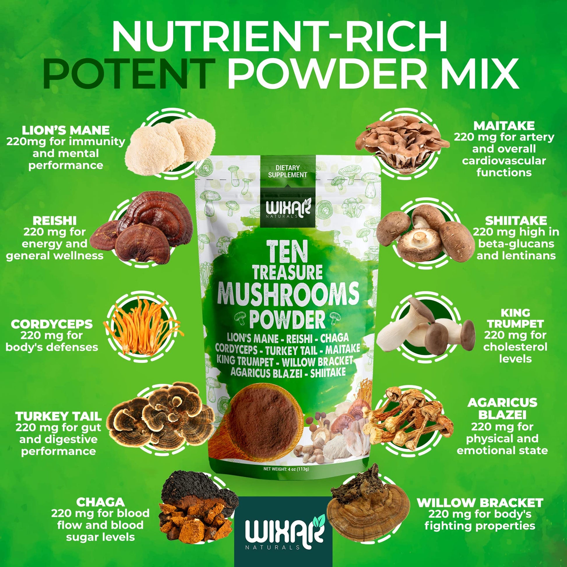 Wixar Mushroom Powder - Ten Treasure Mushrooms Extract Supplement Blend for Coffee WIXAR NATURALS buy supplements canada