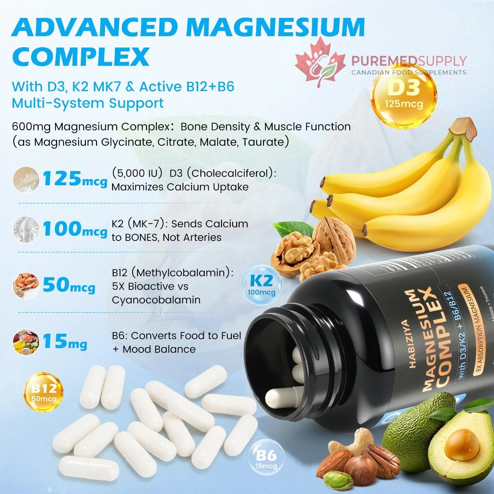 Magnesium Complex Supplement 600mg with with D3 K2 MK7 & B Vitamins High Absorption Capsules with Glycinate, Citrate & Malate,Taurate Relaxation,Muscle,Heart Support, Vegan 120 Capsules HABIZIYA buy supplements canada