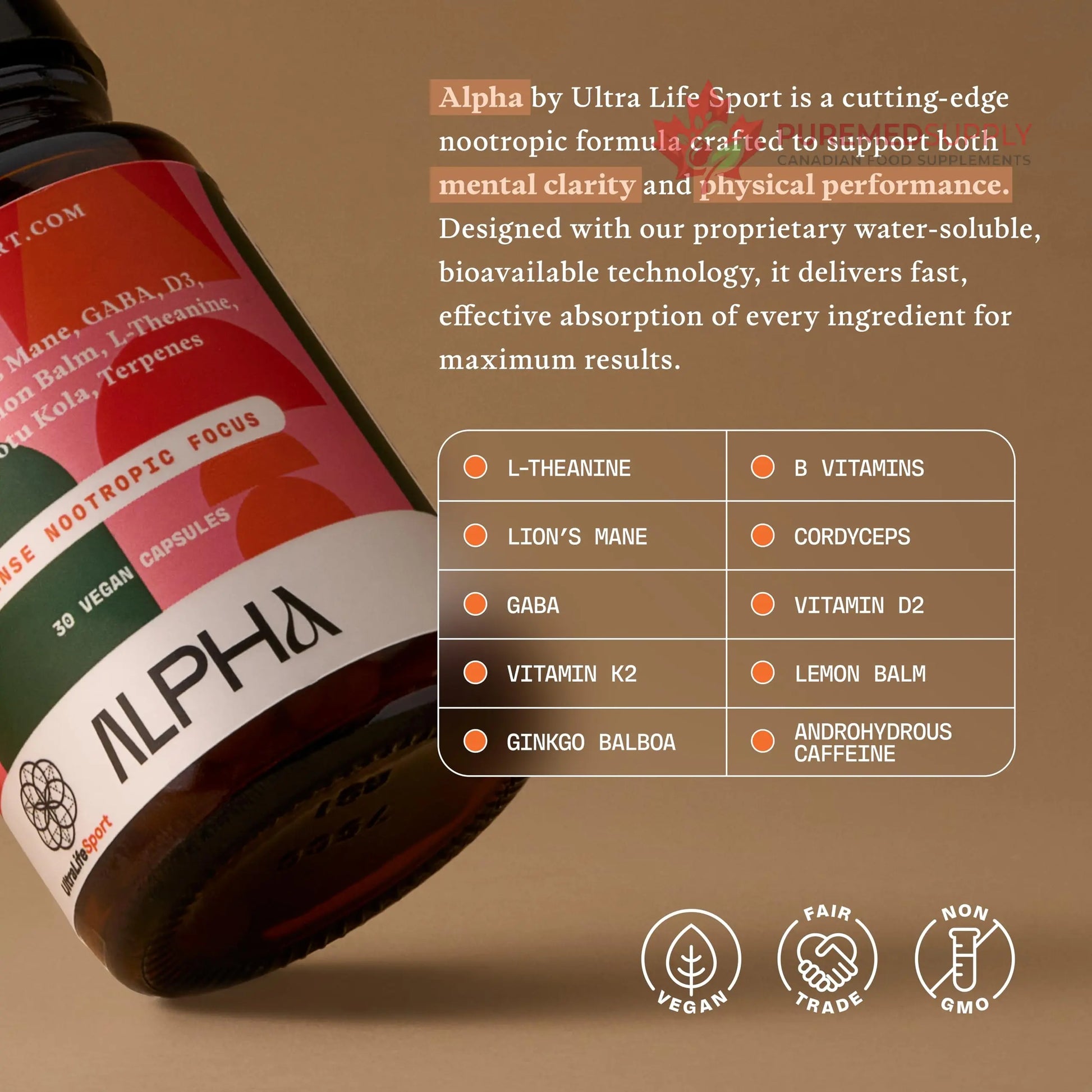 Ultra Life Sport - Alpha Nootropic - 30 Capsule Body and Brain Supplements for Memory and Focus - L-Theanine, B Vitamins, Lion's Mane, Cordyceps Mushrooms, Vitamin D3, K2 MK-7, Lemon Balm and Ginkgo Ultra Life Sport buy supplements canada