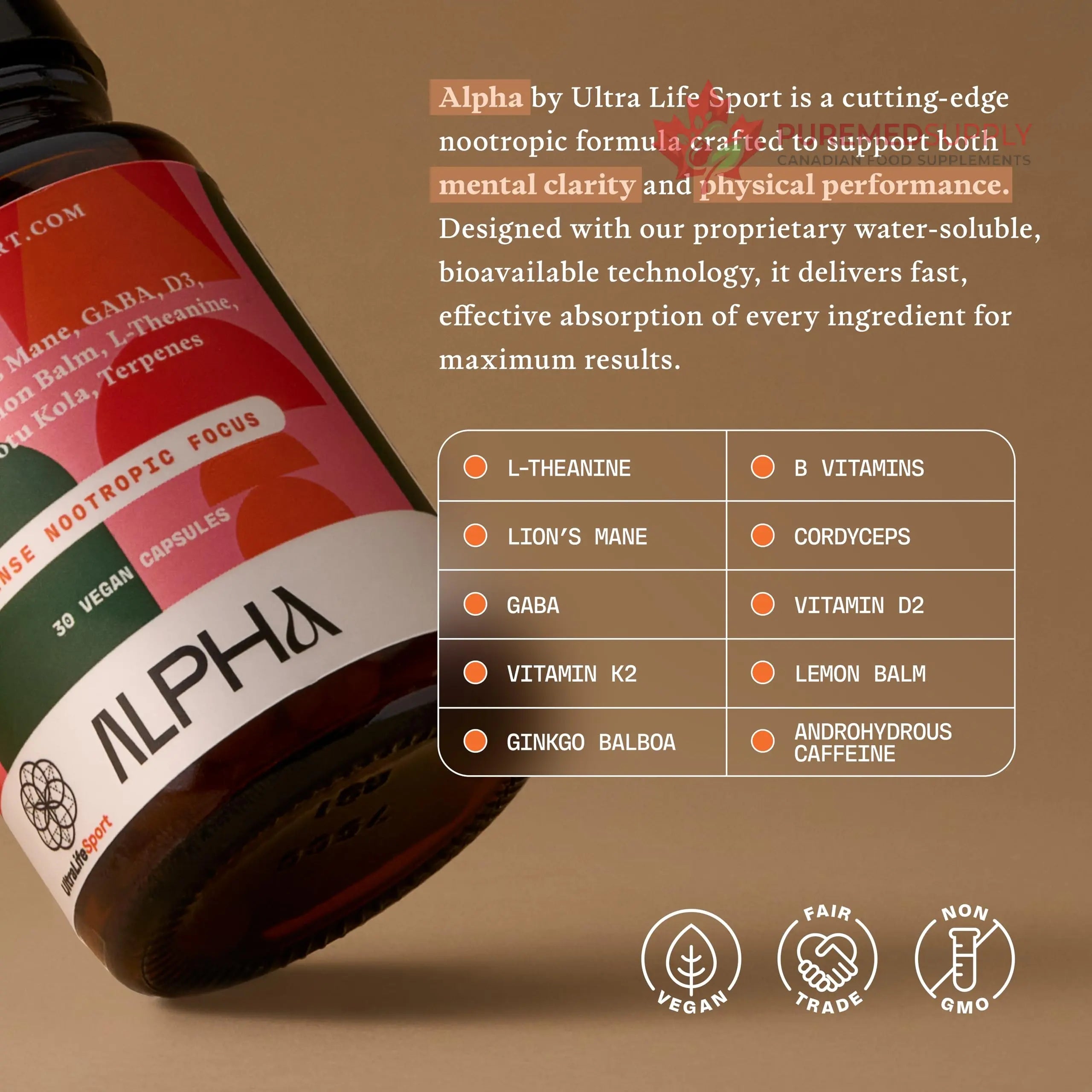 Ultra Life Sport - Alpha Nootropic - 30 Capsule Body and Brain Supplements for Memory and Focus - L-Theanine, B Vitamins, Lion's Mane, Cordyceps Mushrooms, Vitamin D3, K2 MK-7, Lemon Balm and Ginkgo Ultra Life Sport buy supplements canada