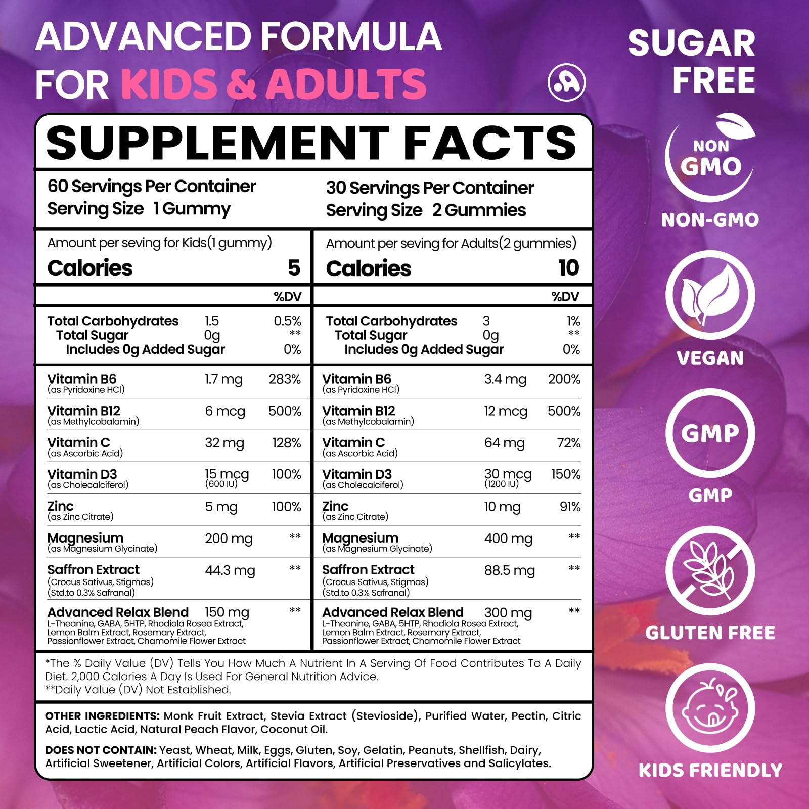 Saffron Gummies for Kids Adults 88.5mg, 15-in-1 Saffron Supplements for Kids, with B6, B12, C, D3, Magnesium Glycinate, Zinc for Nerve, Rest, Focus, Sugar Free, Vegan, Non- GMO, Peach Flavor, 60 Count Aube'Azur buy supplements canada