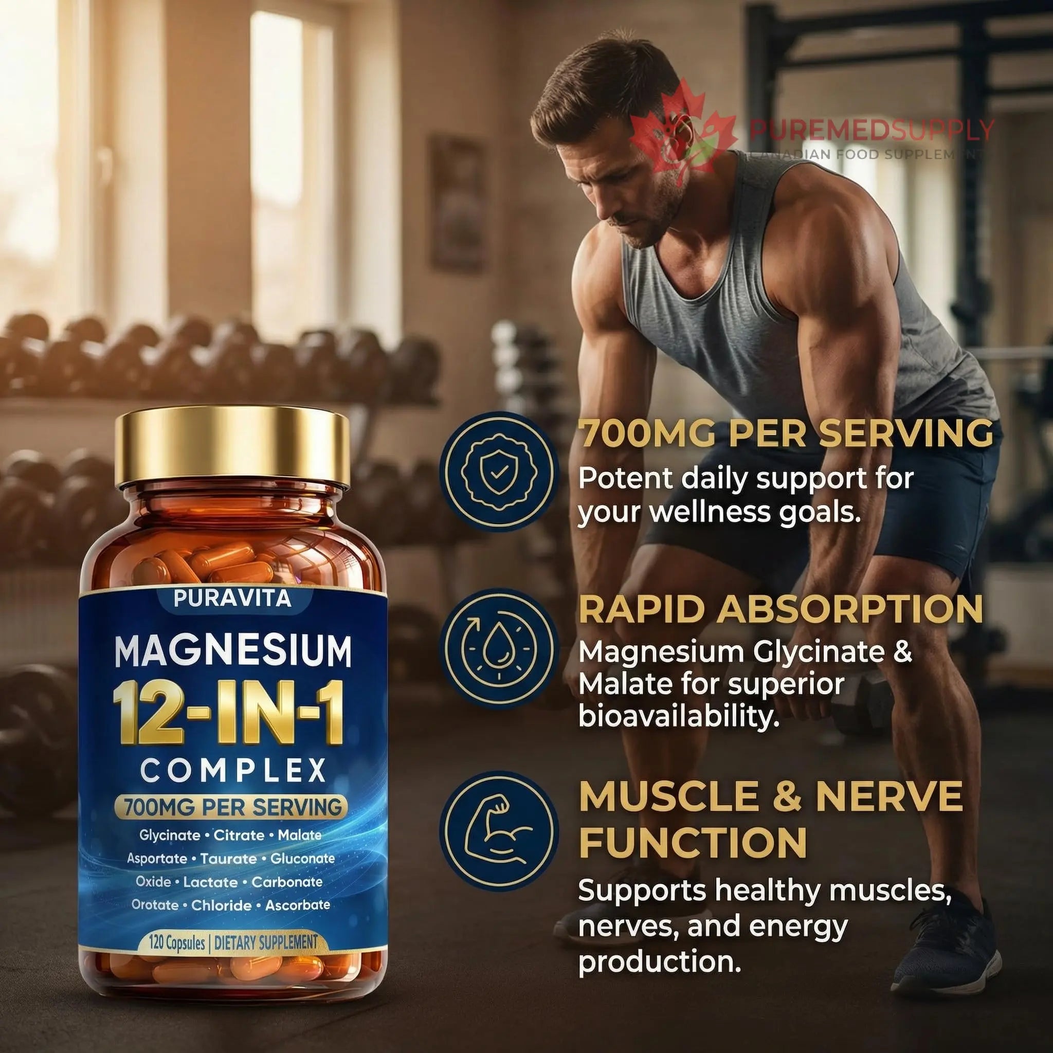 Puravita 12 in 1 Magnesium Complex Capsules - 700mg High Absorption Blend with Glycinate, Citrate, Malate, Oxide & Taurate. Supports Muscle Function, Nerve Health & Relaxation - 120 Capsules (1) PURAVITA buy supplements canada