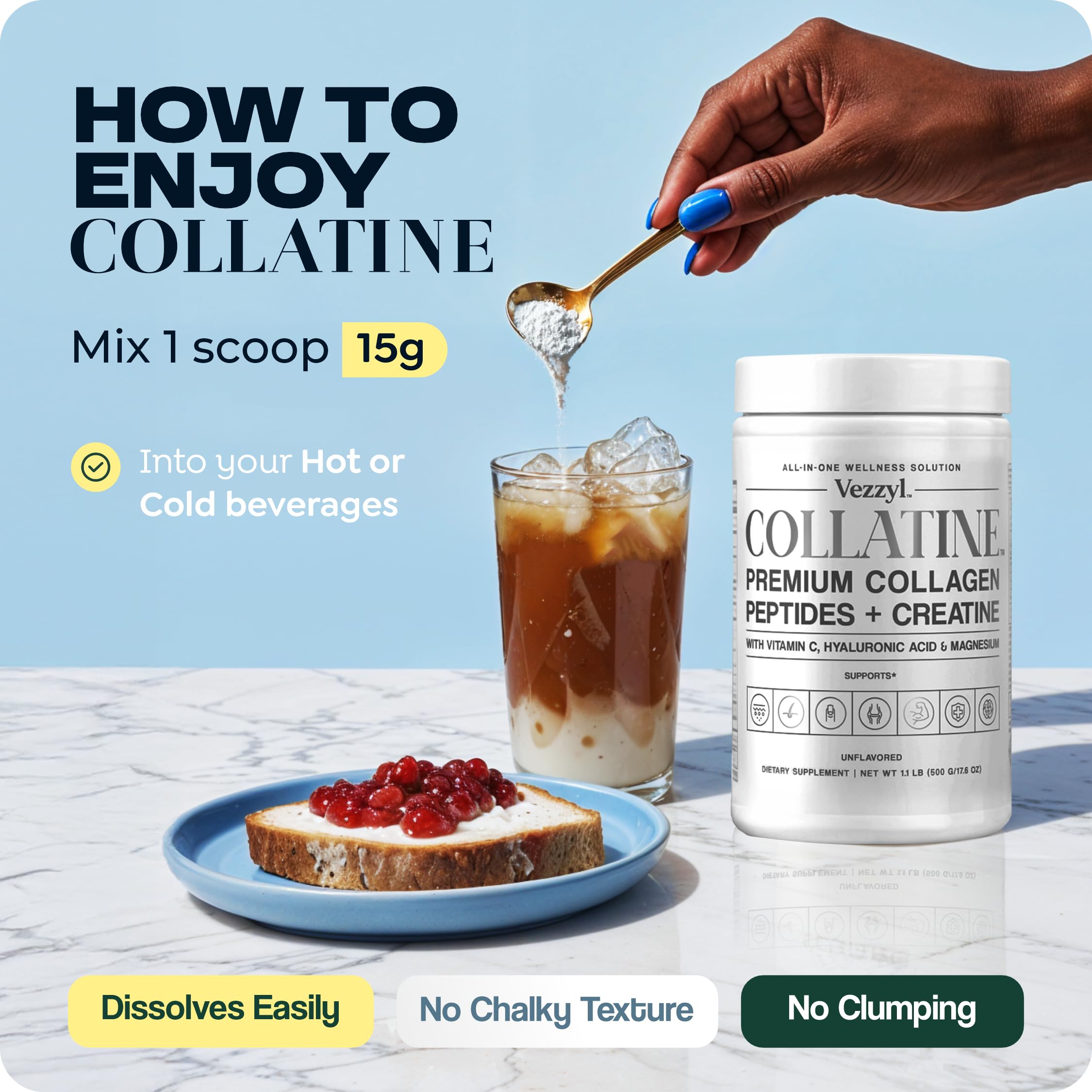 Vezzyl - Collatine - Premium Collagen Peptides + Creatine with Vitamin C, Hyaluronic Acid and Magnesium for Skin, Hair, Nails, Bone & Joint, Muscle, Immune and Cognitive Aid (.55 LB (250 G/8.8 OZ) Vezzyl buy supplements canada