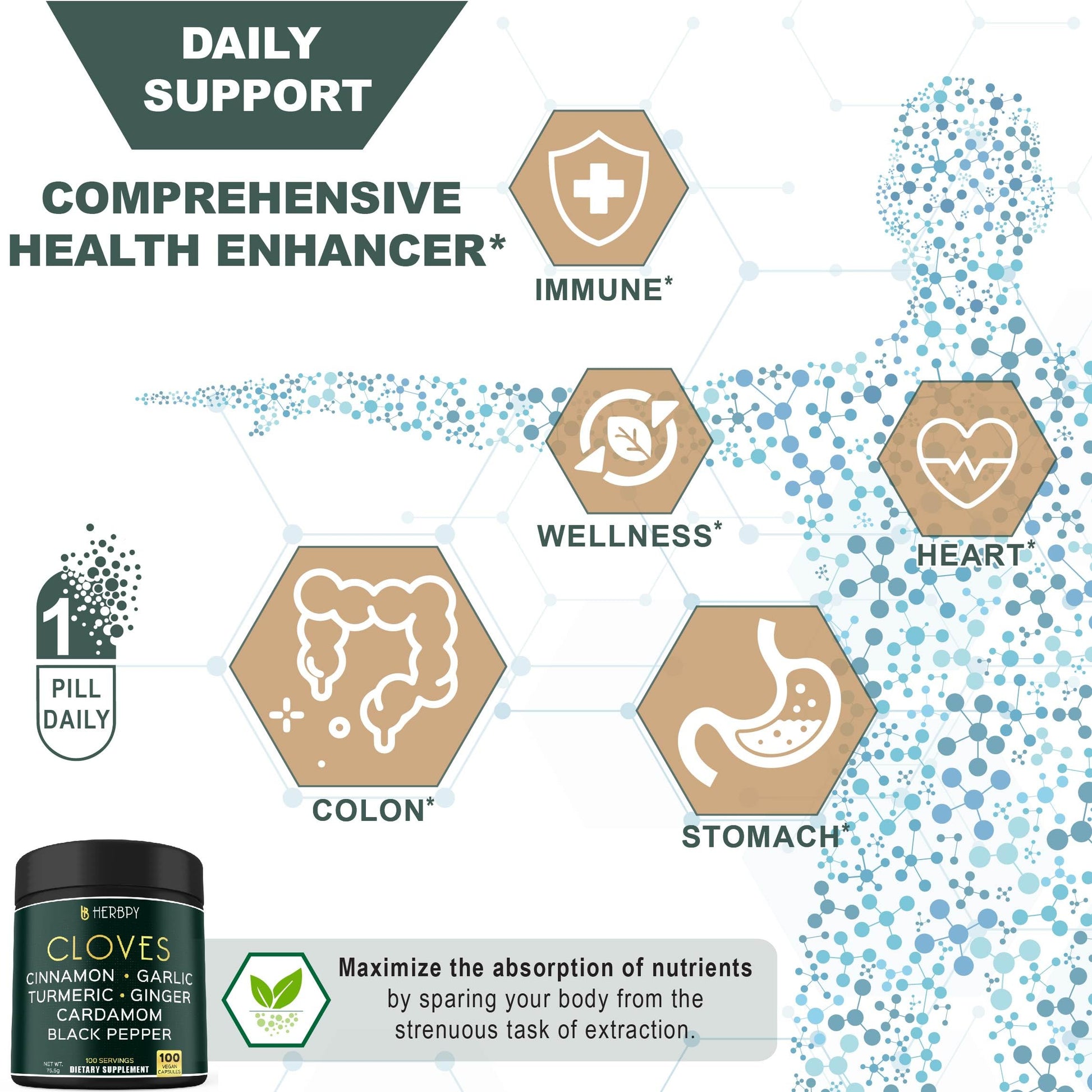 Herbpy 7in1 Clove Supplement Rich in Vitamins & Minerals Supports Digestion, Immune & Heart Health with Cinnamon, Turmeric, Ginger, Cardamom, Garlic & Black Pepper - 100 Vegan Capsules Herbpy buy supplements canada