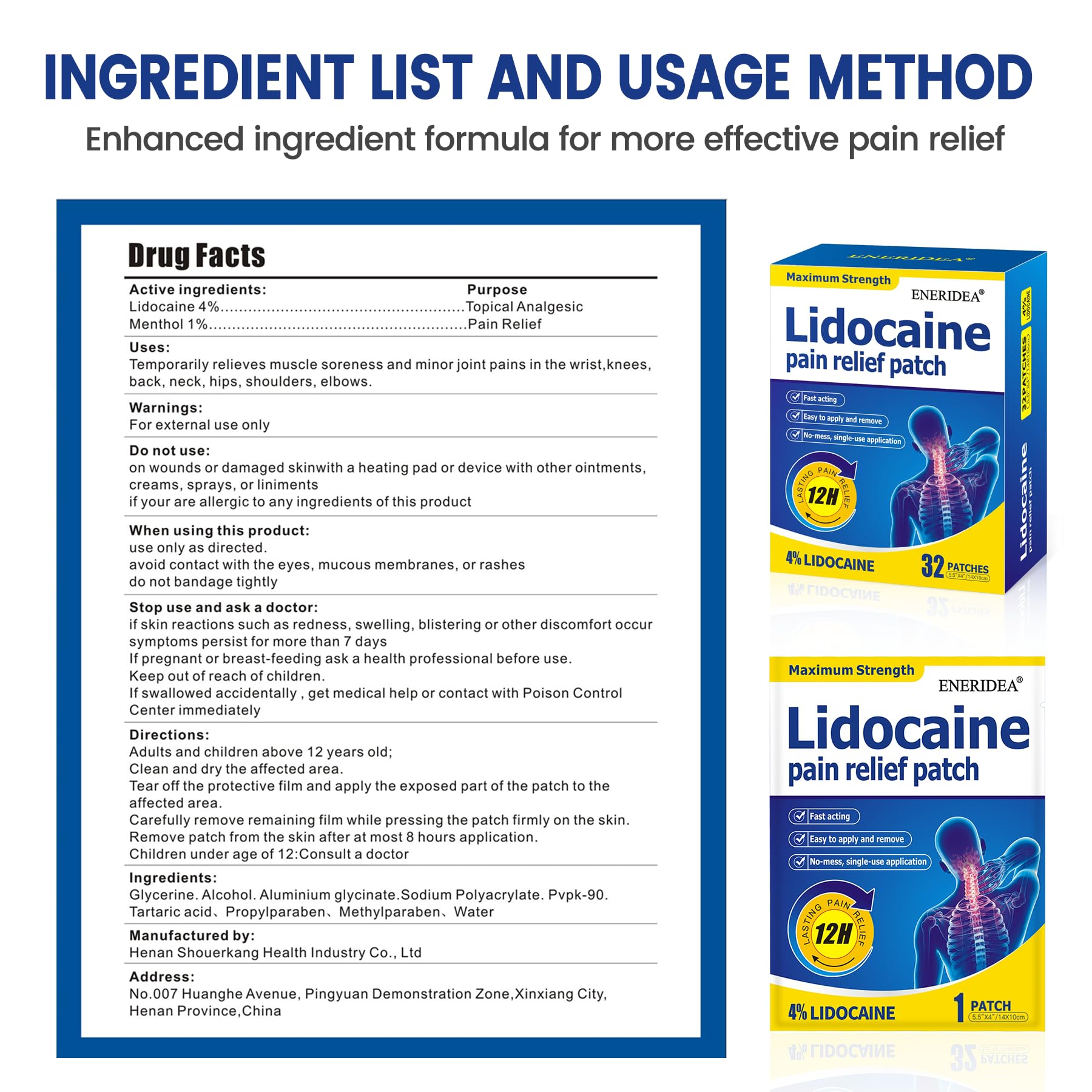 ENERIDEA Lidocaine Gel Pain Relief Patch for Sensitive Skin - Breathable & Hypoallergenic, Flexible Adhesion for Daily Muscle & Joint Comfort - 12 Hour Pain Relief (32 Patches) ENERIDEA buy supplements canada