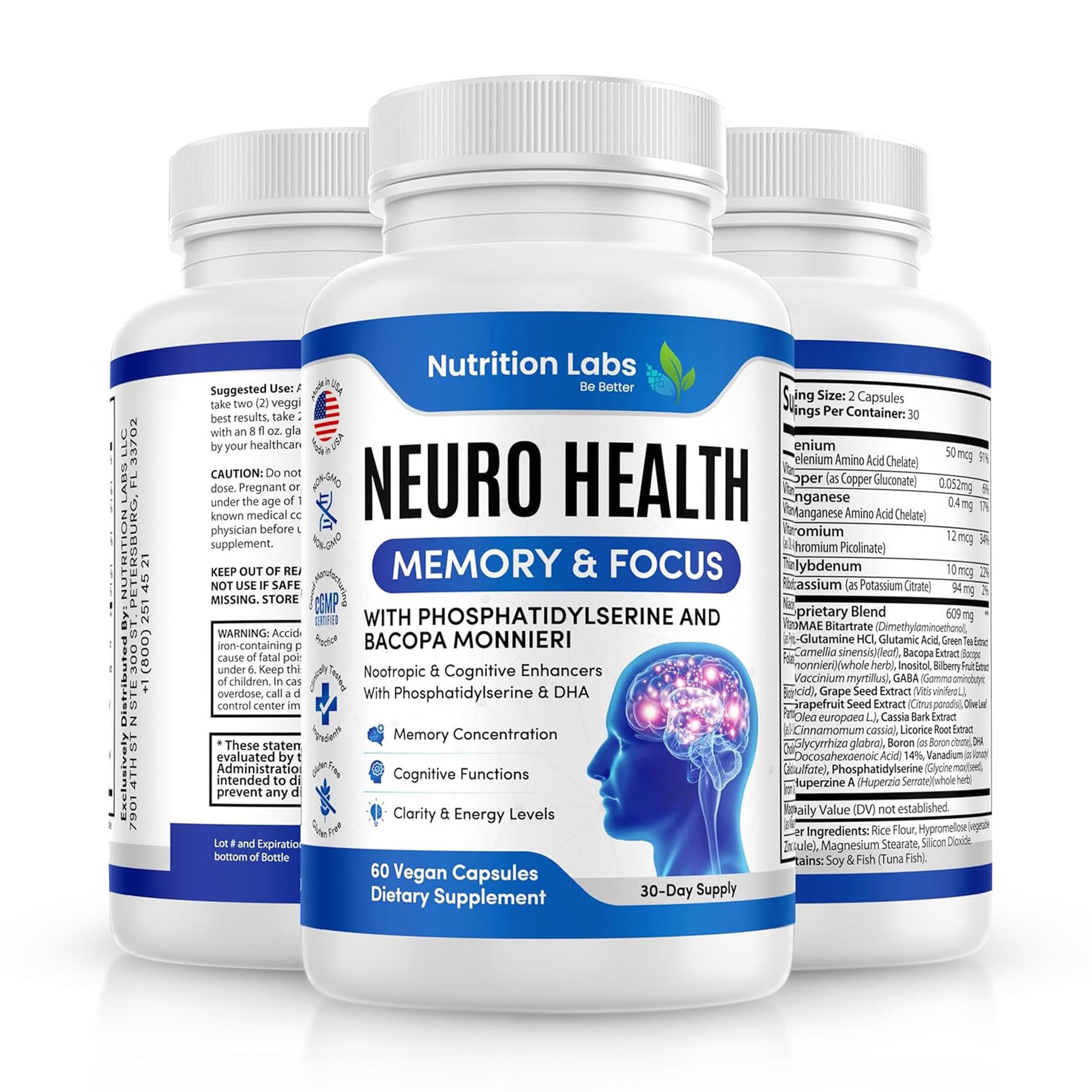 Nootropic & Neuro Brain Supplement for Memory & Focus Support. Clinically Tested Vitamins for Mental Support & Cognitive Clarity W/Bacopa Monnieri, VIT A, B6, Riboflavin, Niacin, Thiamin & Folate NUTRITION LABS BE BETTER buy supplements canada