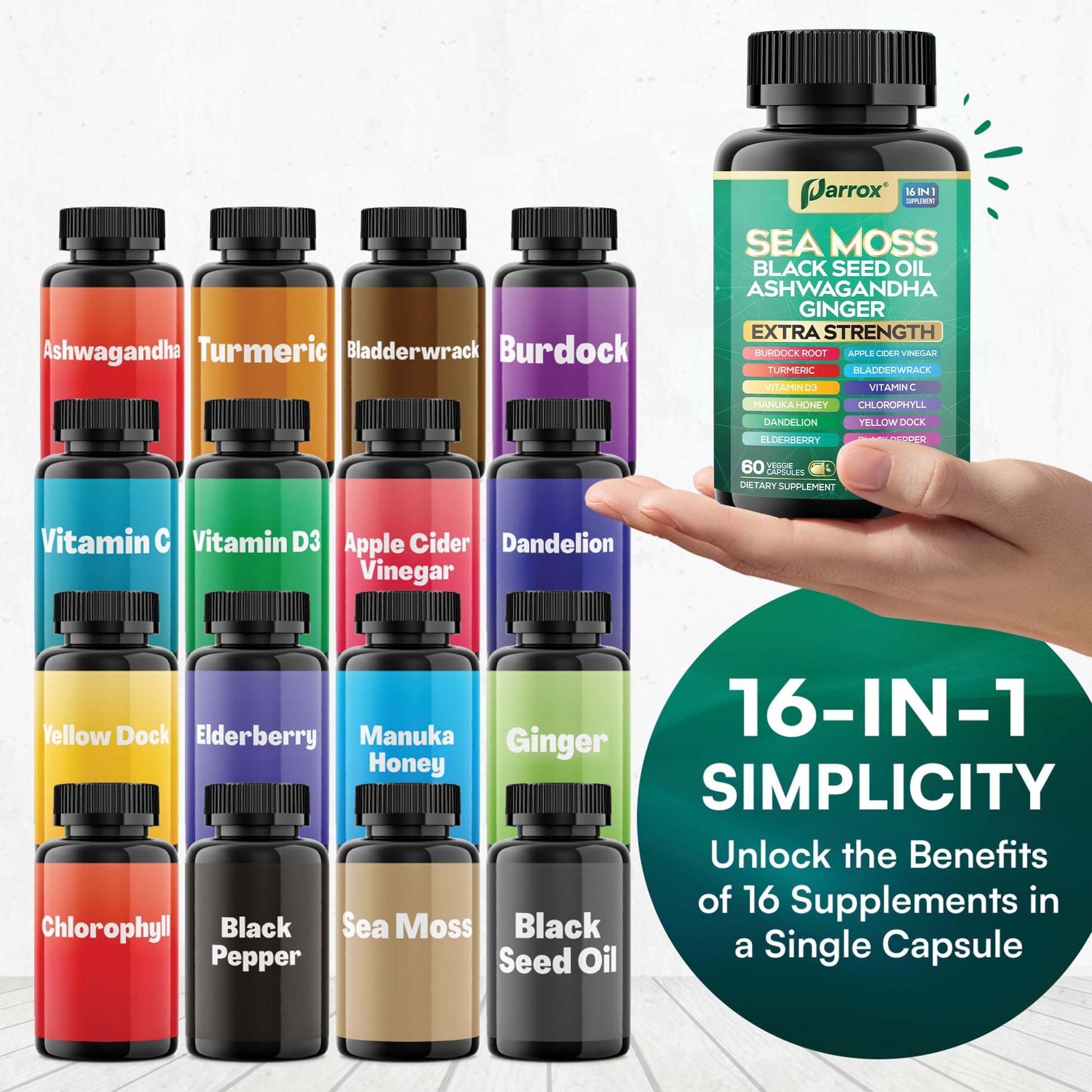 Parrox Sea Moss, Black Seed Oil, Ashwagandha, Turmeric, Chlorophyll, Dandelion, Ginger, Vitamin D3, Black Pepper, Elderberry, ACV, Yellow Dock, Burdock Root, Manuka, Vitamin C, Bladderwrack (60 Caps) Parrox buy supplements canada