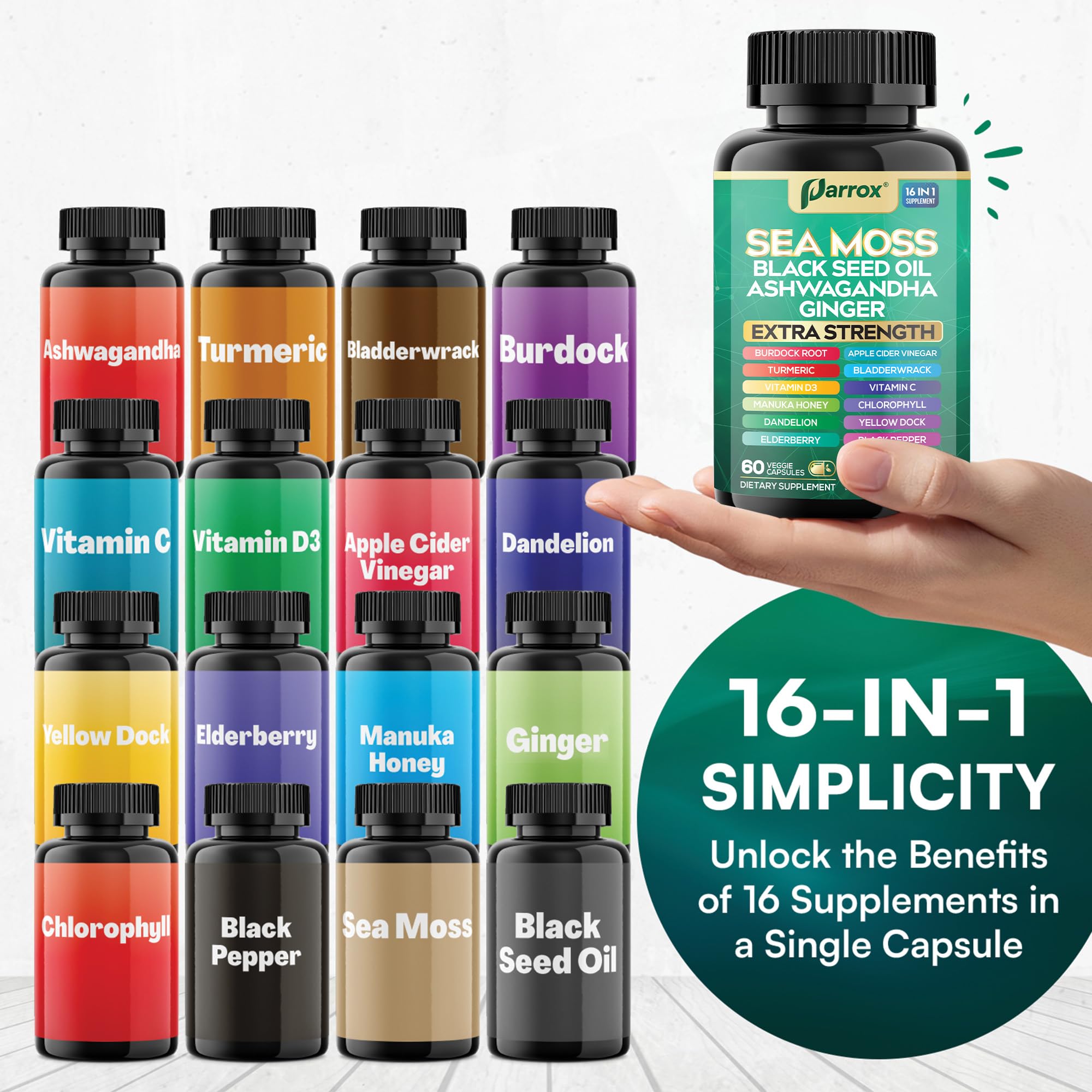 Parrox Sea Moss, Black Seed Oil, Ashwagandha, Turmeric, Chlorophyll, Dandelion, Ginger, Vitamin D3, Black Pepper, Elderberry, ACV, Yellow Dock, Burdock Root, Manuka, Vitamin C, Bladderwrack (60 Caps) Parrox buy supplements canada