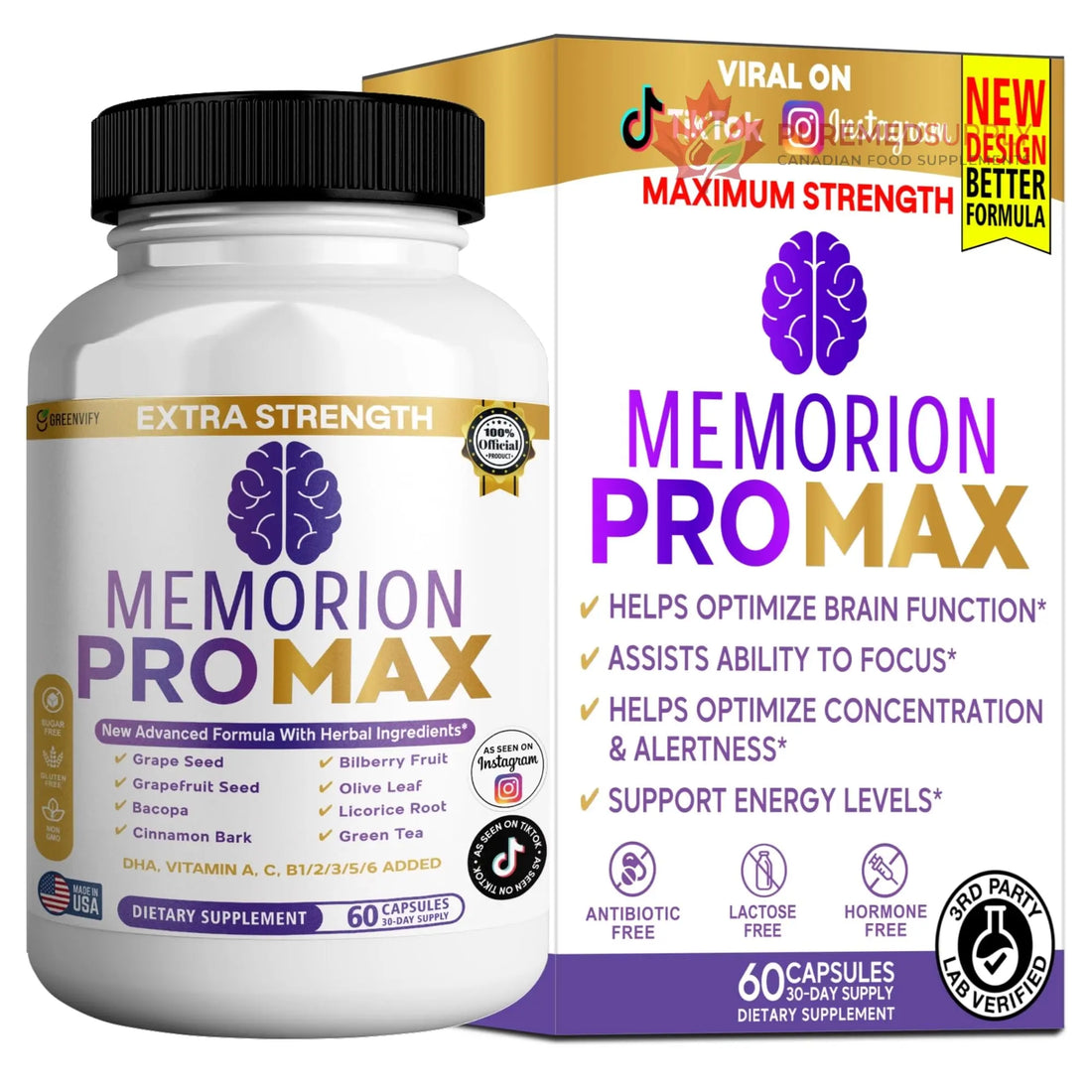 GREENVIFY Memorion Pro Max Extra Strength Brain Support Supplement, 60 Capsules, with DHA, Vitamins, Herbal Blend, 30-Day Supply (1) GREENVIFY buy supplements canada