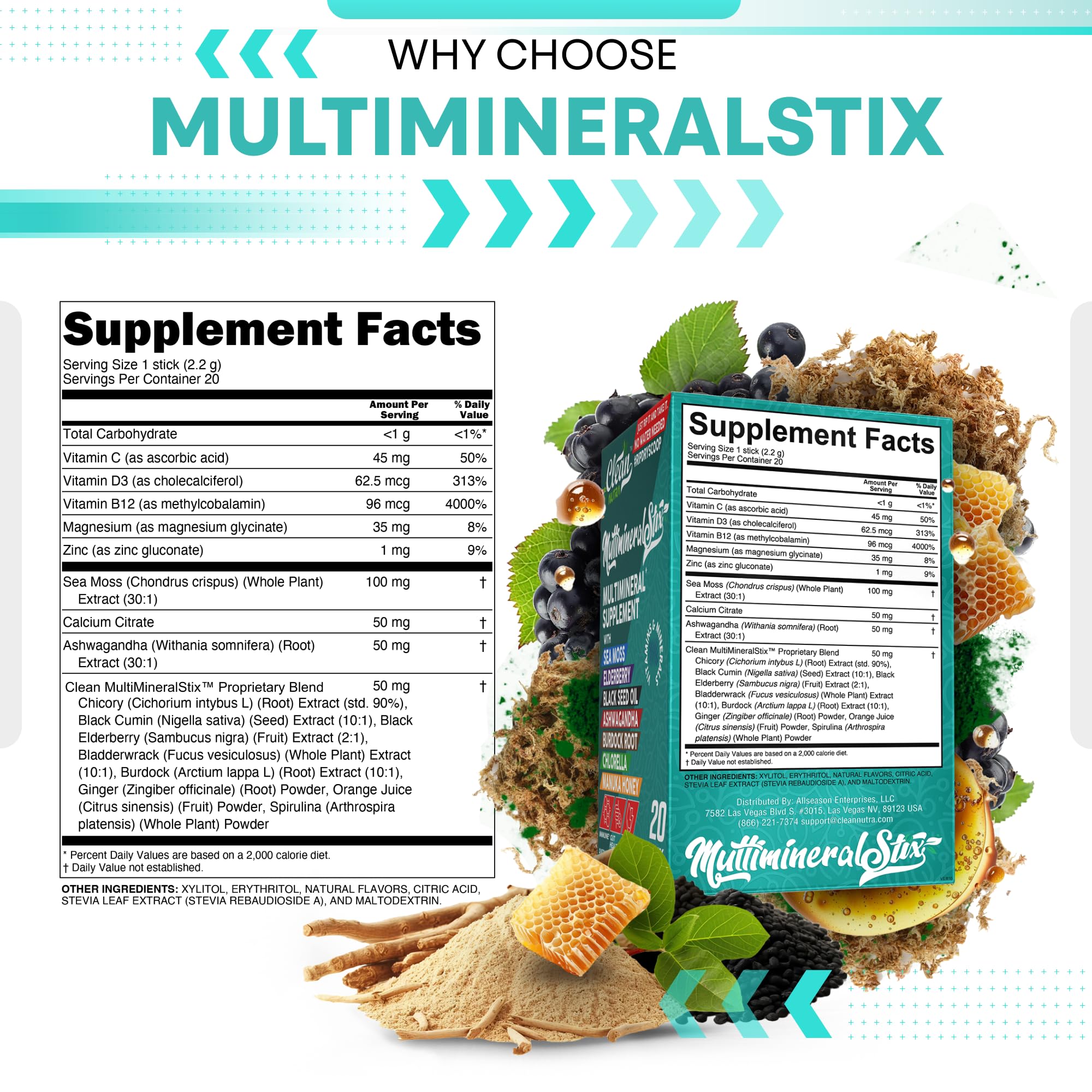 Sea Moss Powder Elderberry Ashwagandha Chlorella Manuka Honey VitaminD3 Vitamin C Zinc Spirulina Iodine Greens Detox Immune Support Sugar Free Hydration Powder Drink Mix – 20 Sticks Clean Nutraceuticals buy supplements canada
