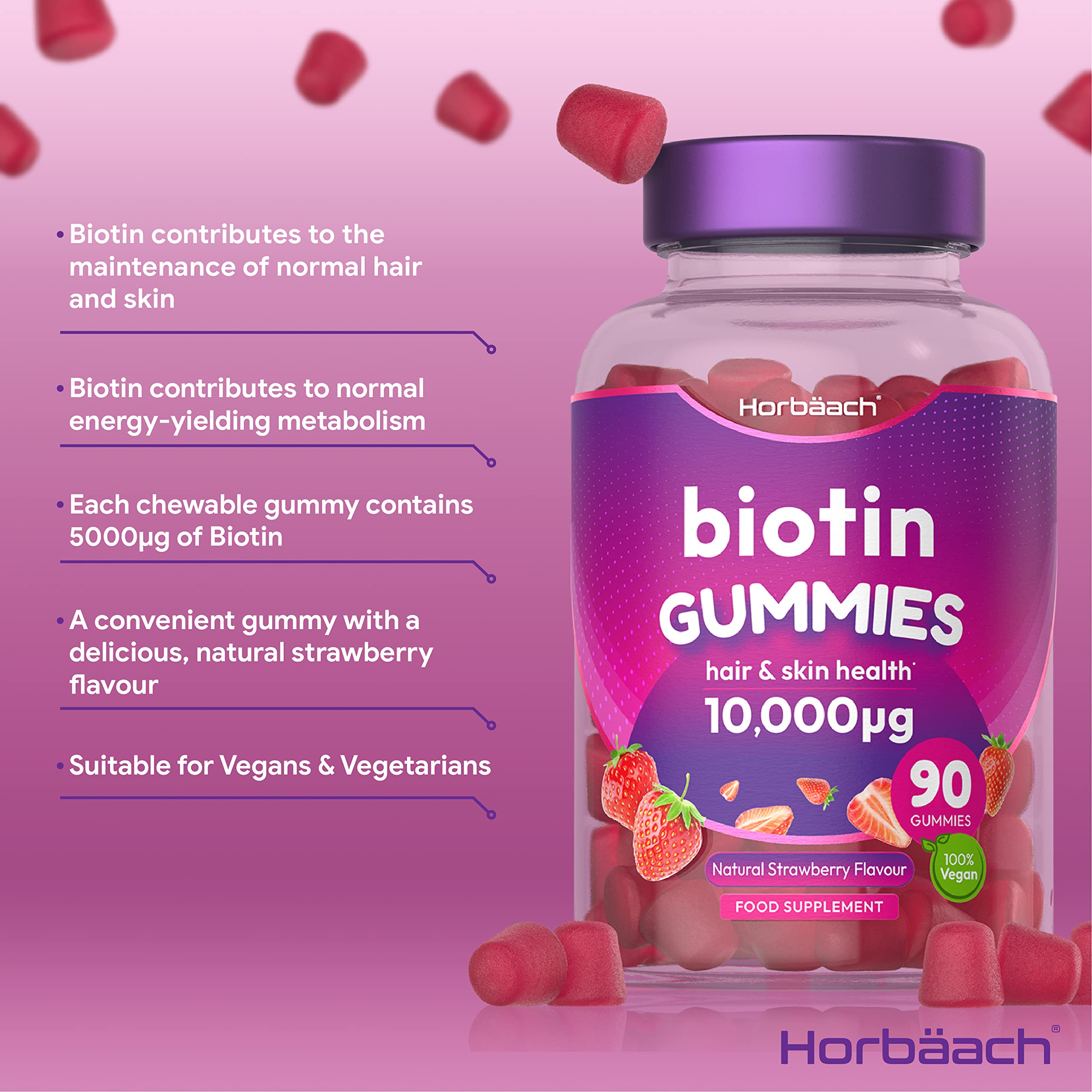 Biotin Gummies 10,000mcg | 90 Vegan Vitamins | Natural Strawberry Flavour Horbäach buy supplements canada