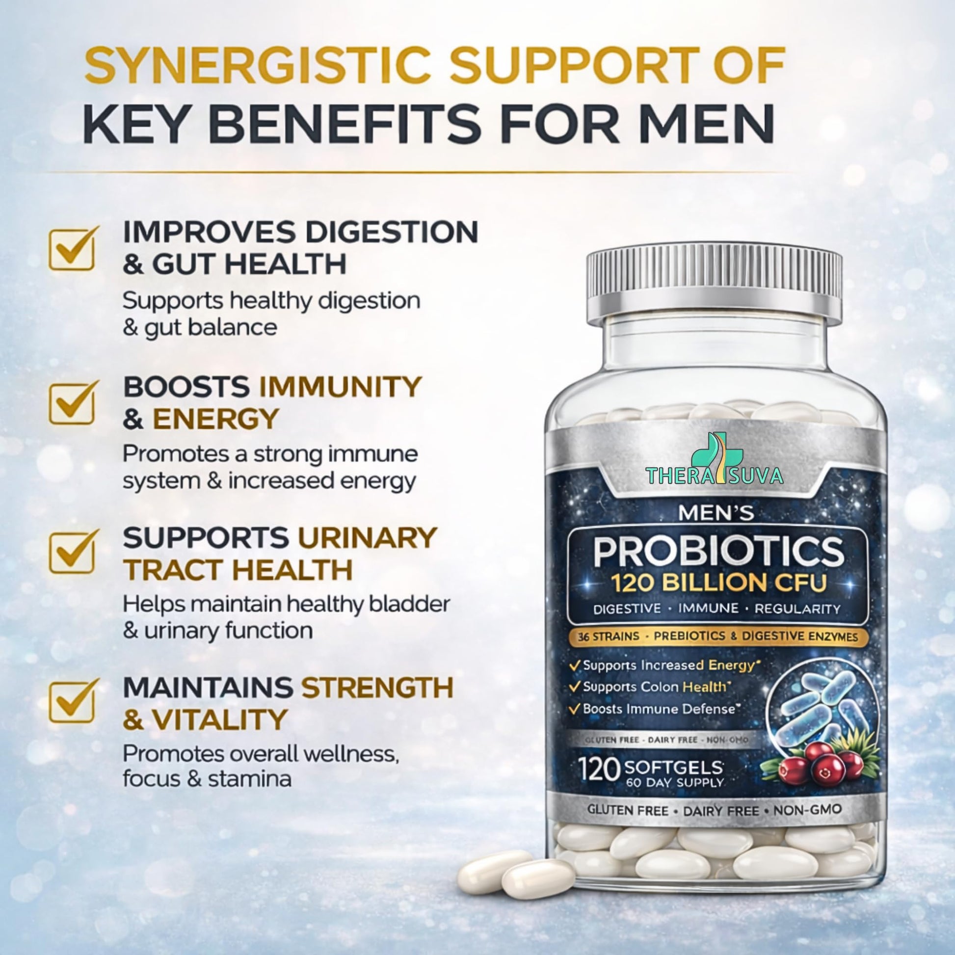 Men’s Advanced Probiotics 120 Billion CFU - 36 Strains + Prebiotics, Enzymes & Veggie Blend for Gut, Immune & Colon Health - 2 Month Supply, 120 Softgels TheraSuva buy supplements canada