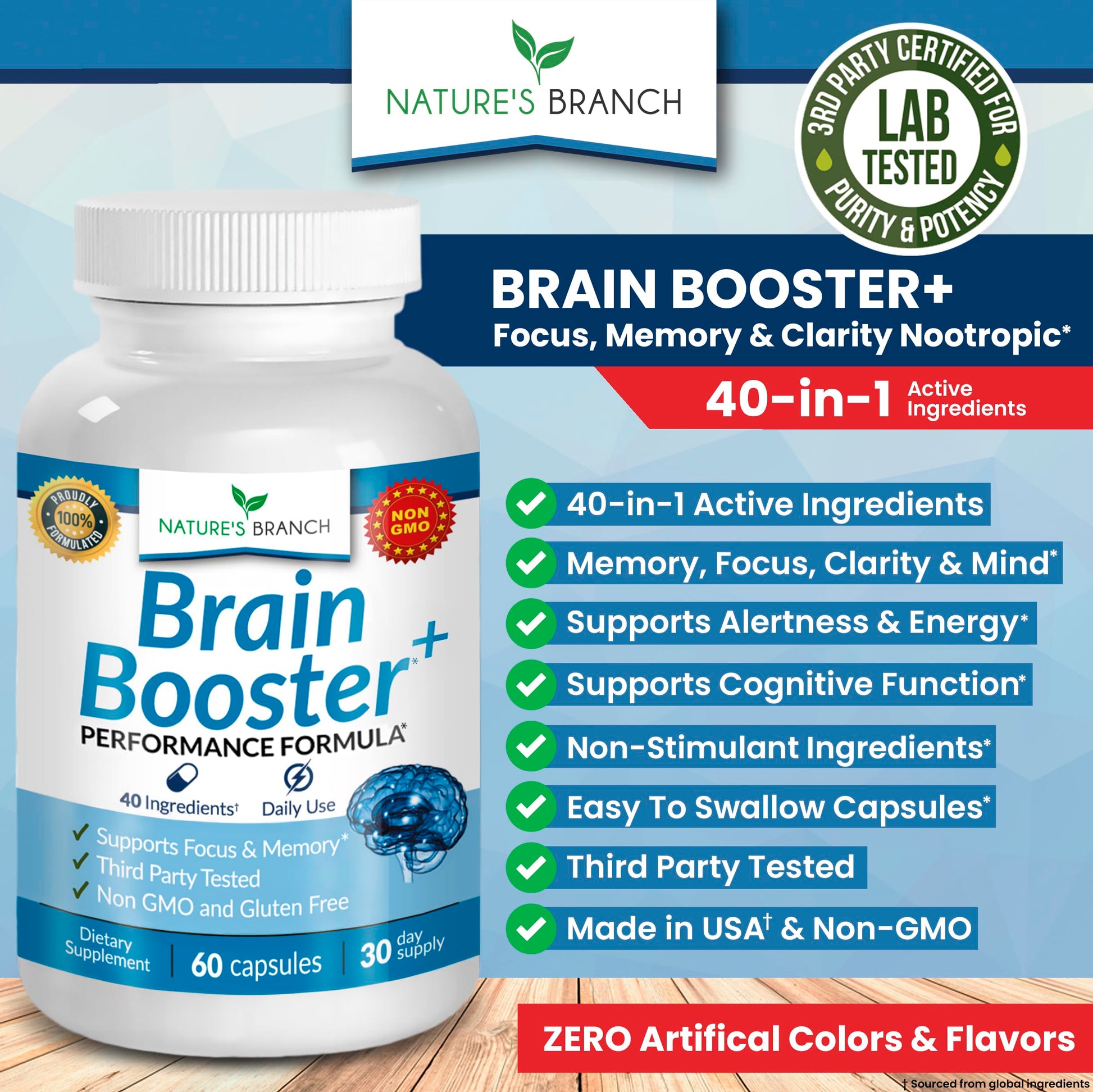40-in-1 Brain Booster Supplement for Focus, Memory, Clarity, Energy | Advanced Vitamins Plus eBook | for Men & Women, Cognitive Function Nootropic Support with DMAE, Mind Health Formula | 60 Capsules NATURE'S BRANCH buy supplements canada