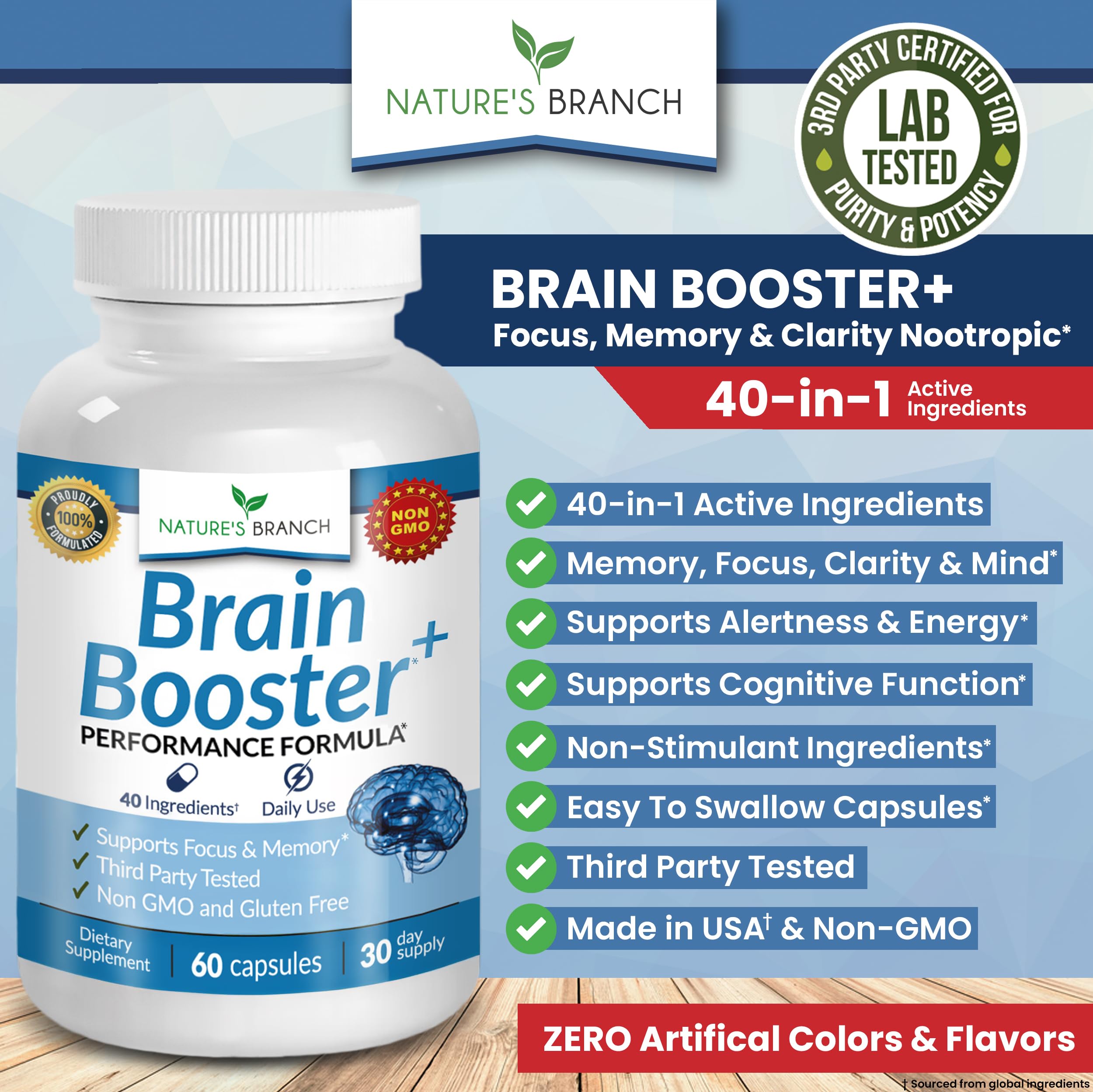 40-in-1 Brain Booster Supplement for Focus, Memory, Clarity, Energy | Advanced Vitamins Plus eBook | for Men & Women, Cognitive Function Nootropic Support with DMAE, Mind Health Formula | 60 Capsules NATURE'S BRANCH buy supplements canada