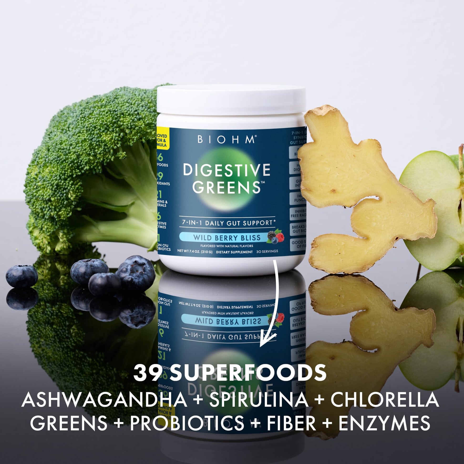 BIOHM Digestive Greens, Green Superfood Powder (7.4 Oz, 30 Servings) Immune & Gut Health Support with Antioxidants, Vitamins, Probiotics & Enzymes, Good Source of Fiber, Berry Flavor BIOHM buy supplements canada