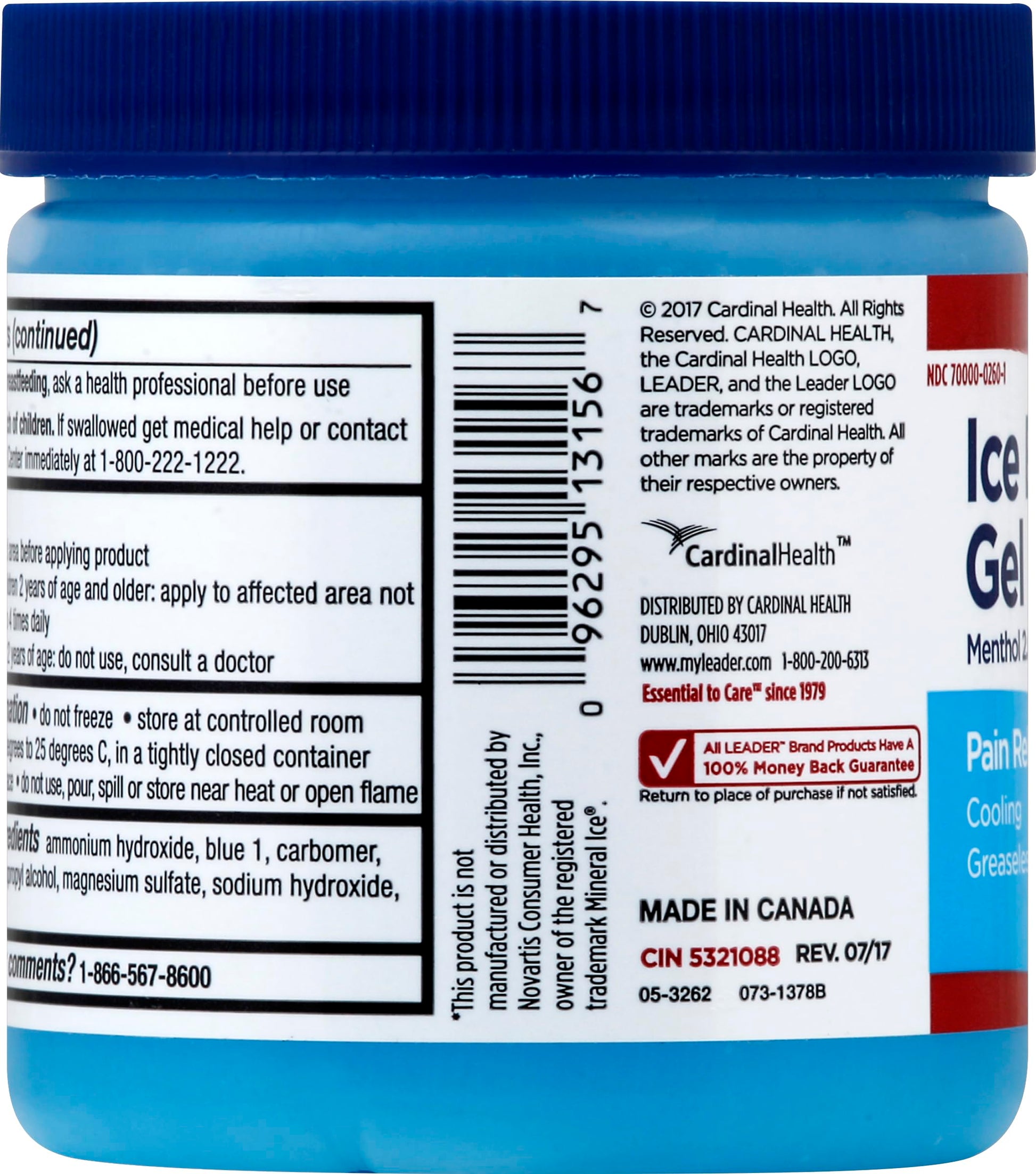 LEADER Ice Blue Gel Pain Relieving Greaseless Fast-Acting Topical Analgesic Cooling Therapy Muscle Joint Long-Lasting Relief Backache Arthritis Sports Injuries soothes Aches 8oz. Each (Pack of 5) Leader buy supplements canada