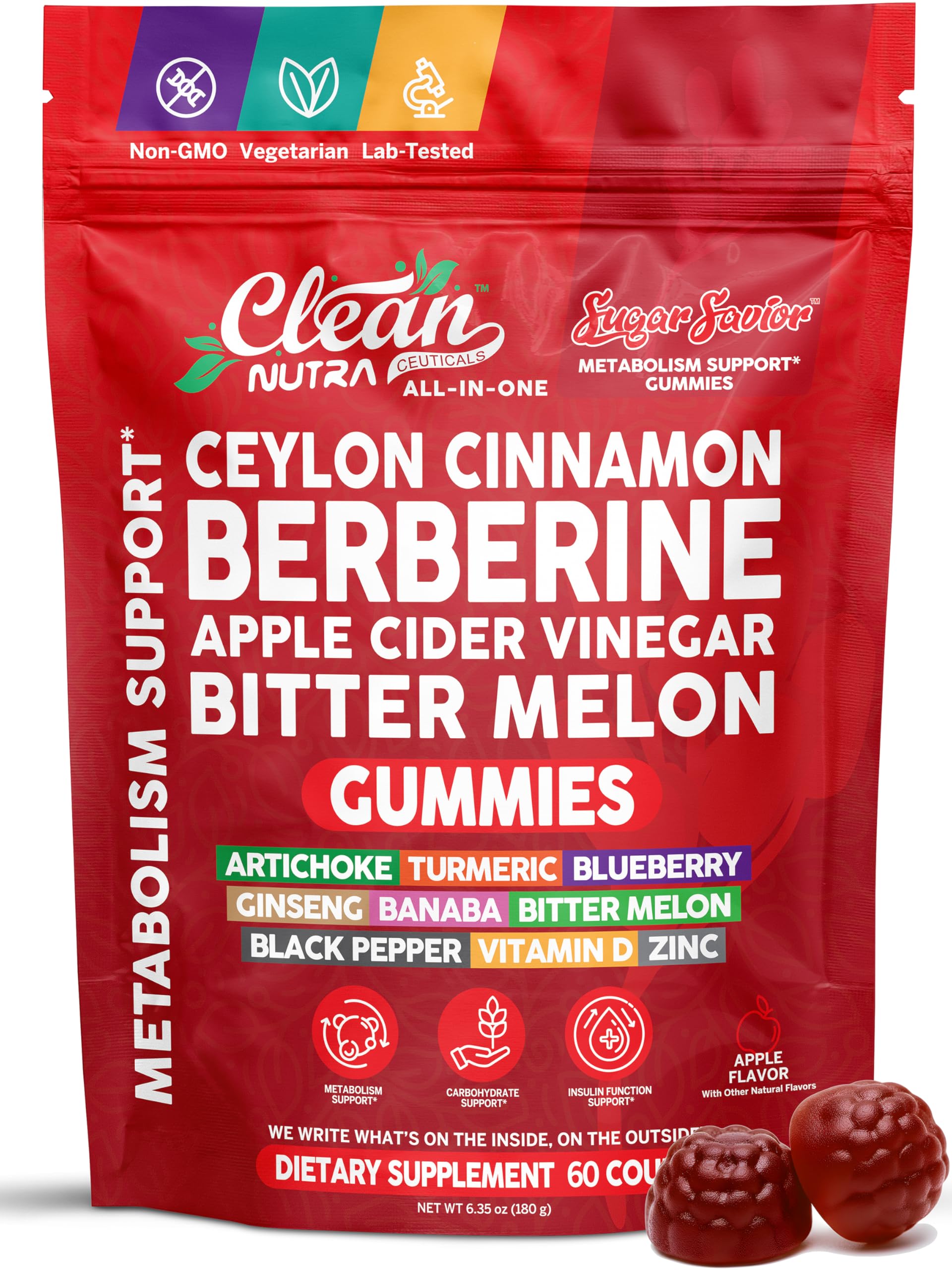 Sugar Savior Ceylon Cinnamon Berberine Gummies Apple Cider Vinegar Artichoke Turmeric Blueberry Ginseng Banaba Bitter Melon Black Pepper Vitamin D Zinc GLP1 Gummies 60 Count by Clean Nutra Clean Nutraceuticals buy supplements canada