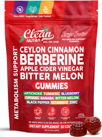 Sugar Savior Ceylon Cinnamon Berberine Gummies Apple Cider Vinegar Artichoke Turmeric Blueberry Ginseng Banaba Bitter Melon Black Pepper Vitamin D Zinc GLP1 Gummies 60 Count by Clean Nutra Clean Nutraceuticals buy supplements canada