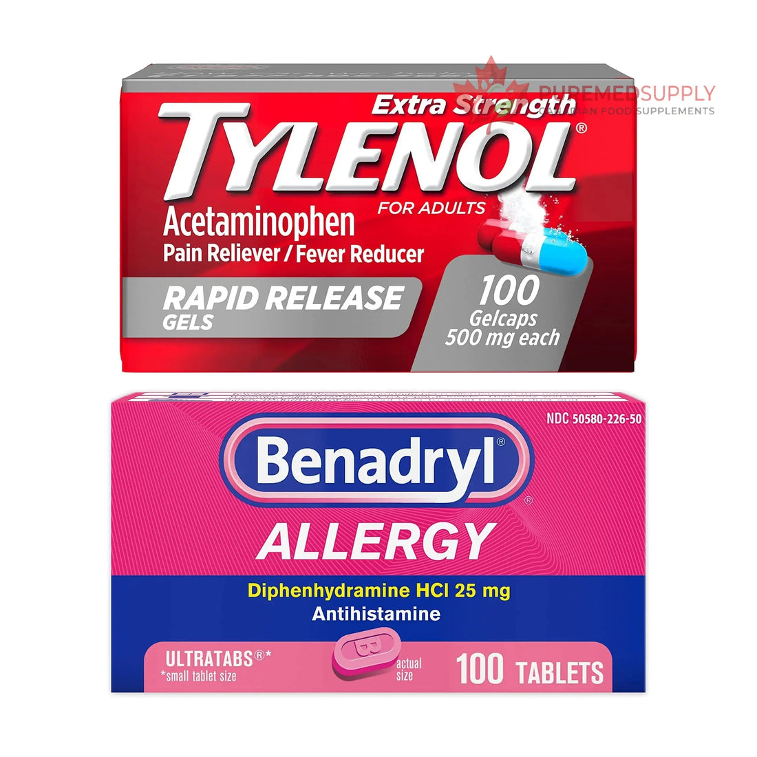 Benadryl Ultratabs Antihistamine Allergy Relief Tablets with 25 mg Diphenhydramine HCl, 100 ct and Tylenol Extra Strength Pain Reliever Rapid Release Gels with 500 mg Acetaminophen, 100 ct Tylenol buy supplements canada