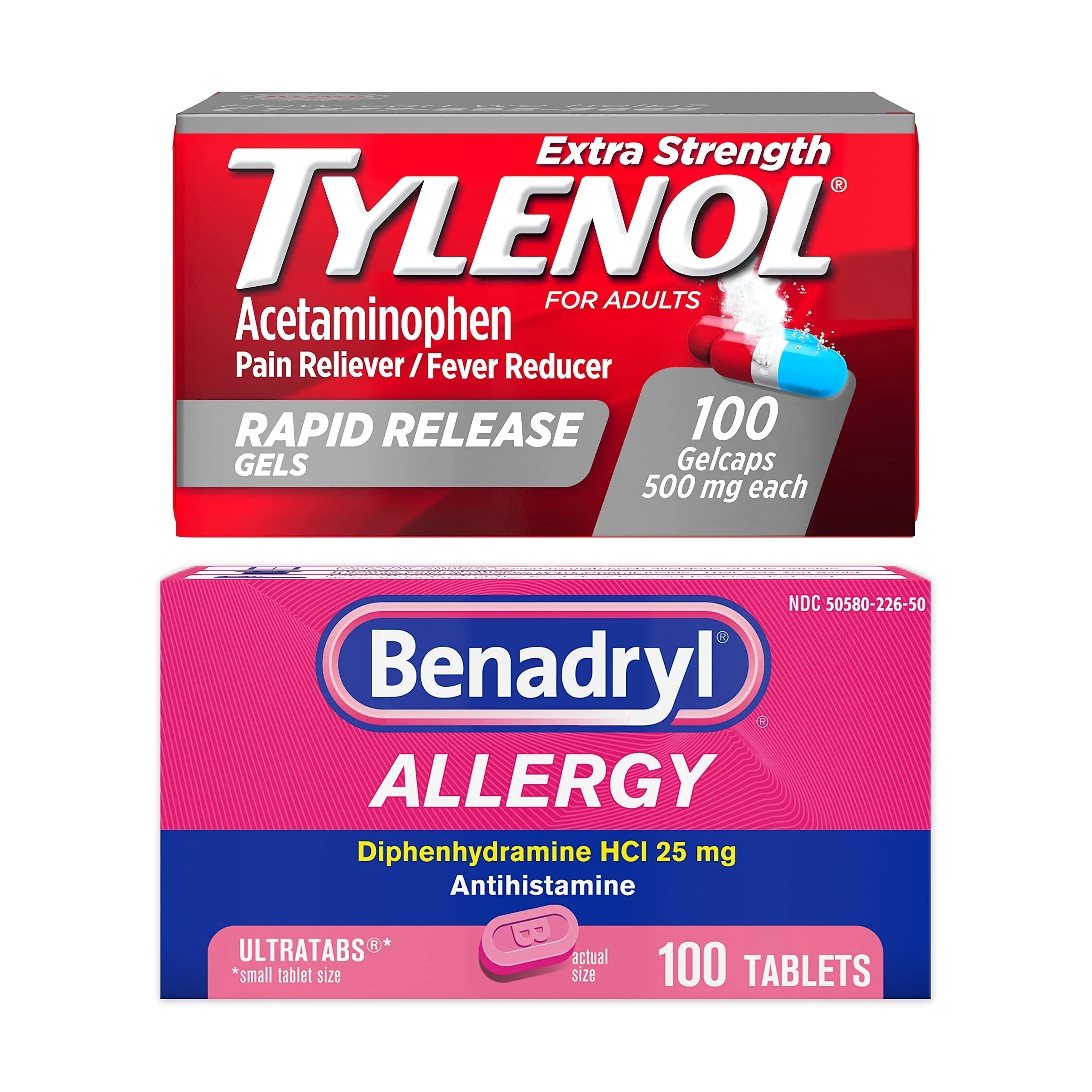 Benadryl Ultratabs Antihistamine Allergy Relief Tablets with 25 mg Diphenhydramine HCl, 100 ct and Tylenol Extra Strength Pain Reliever Rapid Release Gels with 500 mg Acetaminophen, 100 ct Tylenol buy supplements canada