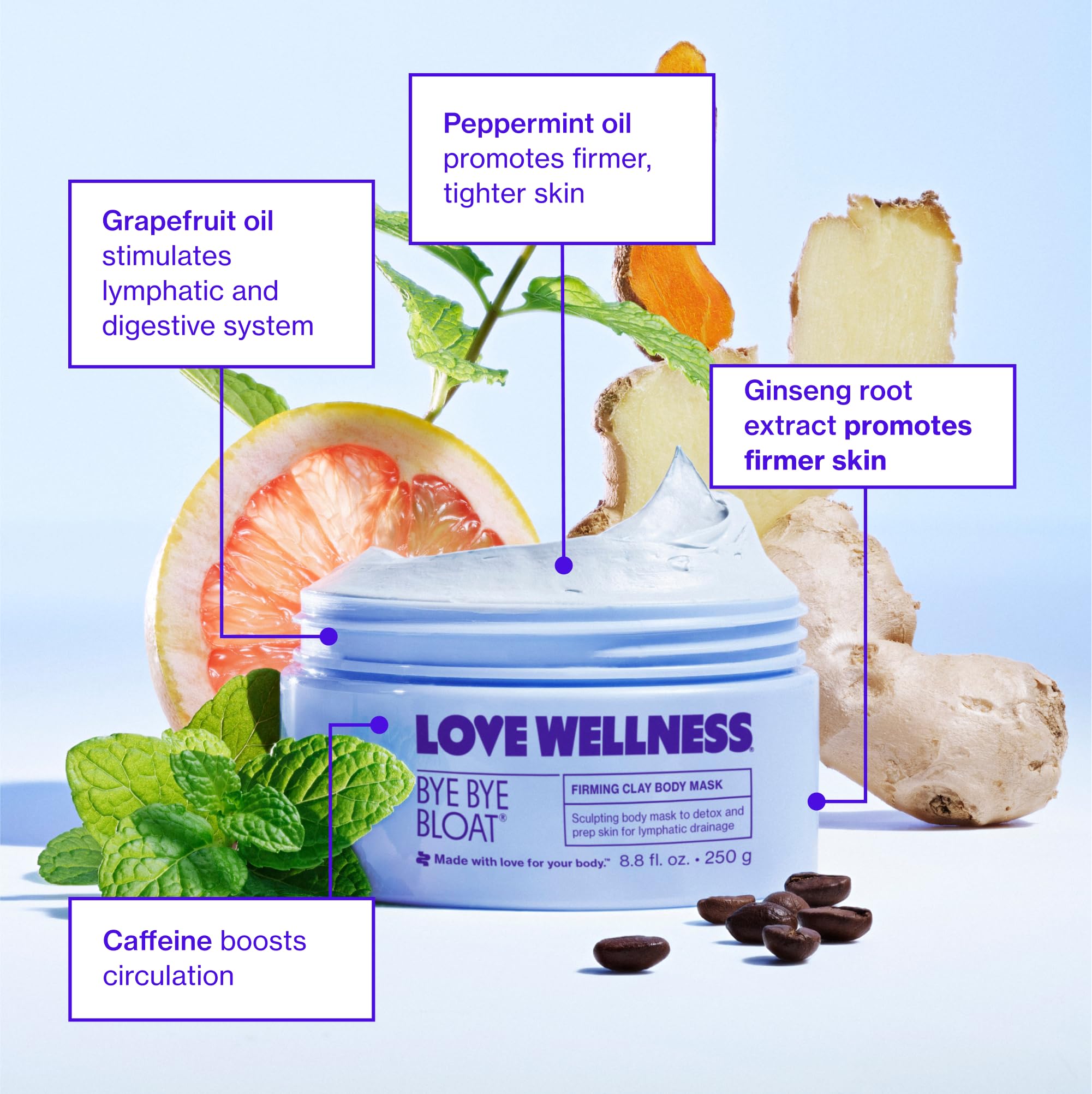 Love Wellness Bye Bye Bloat Firming Clay Body Mask | Lymphatic Drainage Body Mask for Women | Support Bloating Relief, Skin Hydration & Boost Circulation | Caffeine, Grapefruit & Peppermint Oil | 250g Love Wellness buy supplements canada